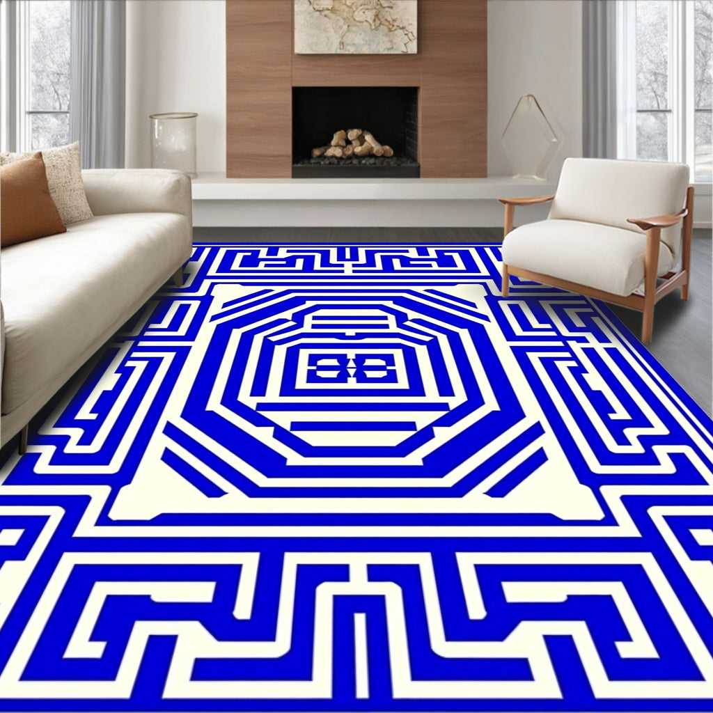 Bold Blue Maze Linear Design Rug