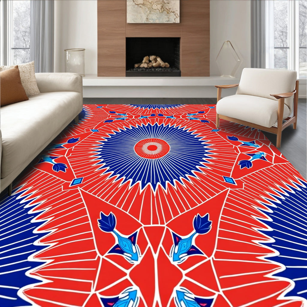Bold Red Blue Radiant Sunburst Pattern Rug
