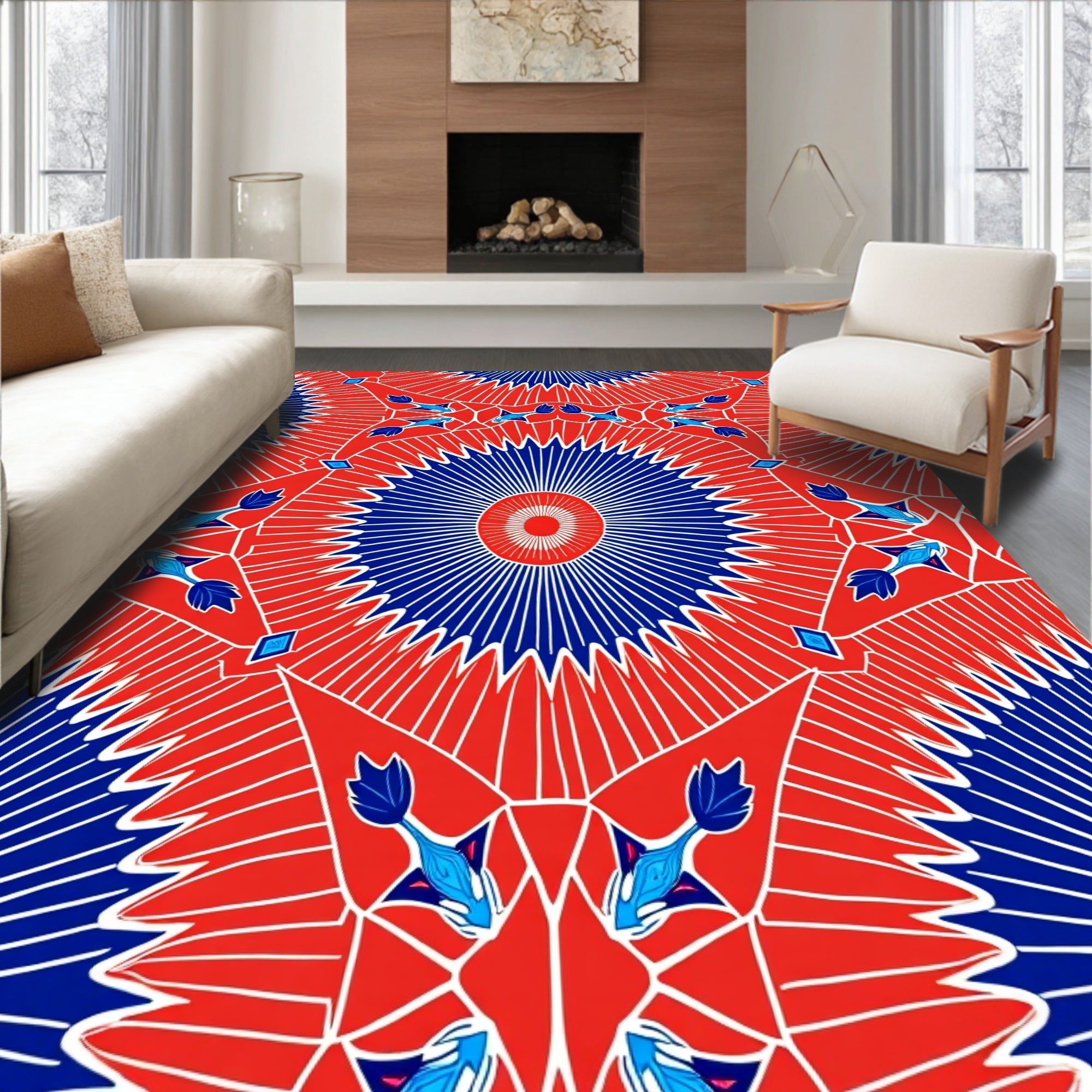 Bold Red Blue Radiant Sunburst Pattern Rug
