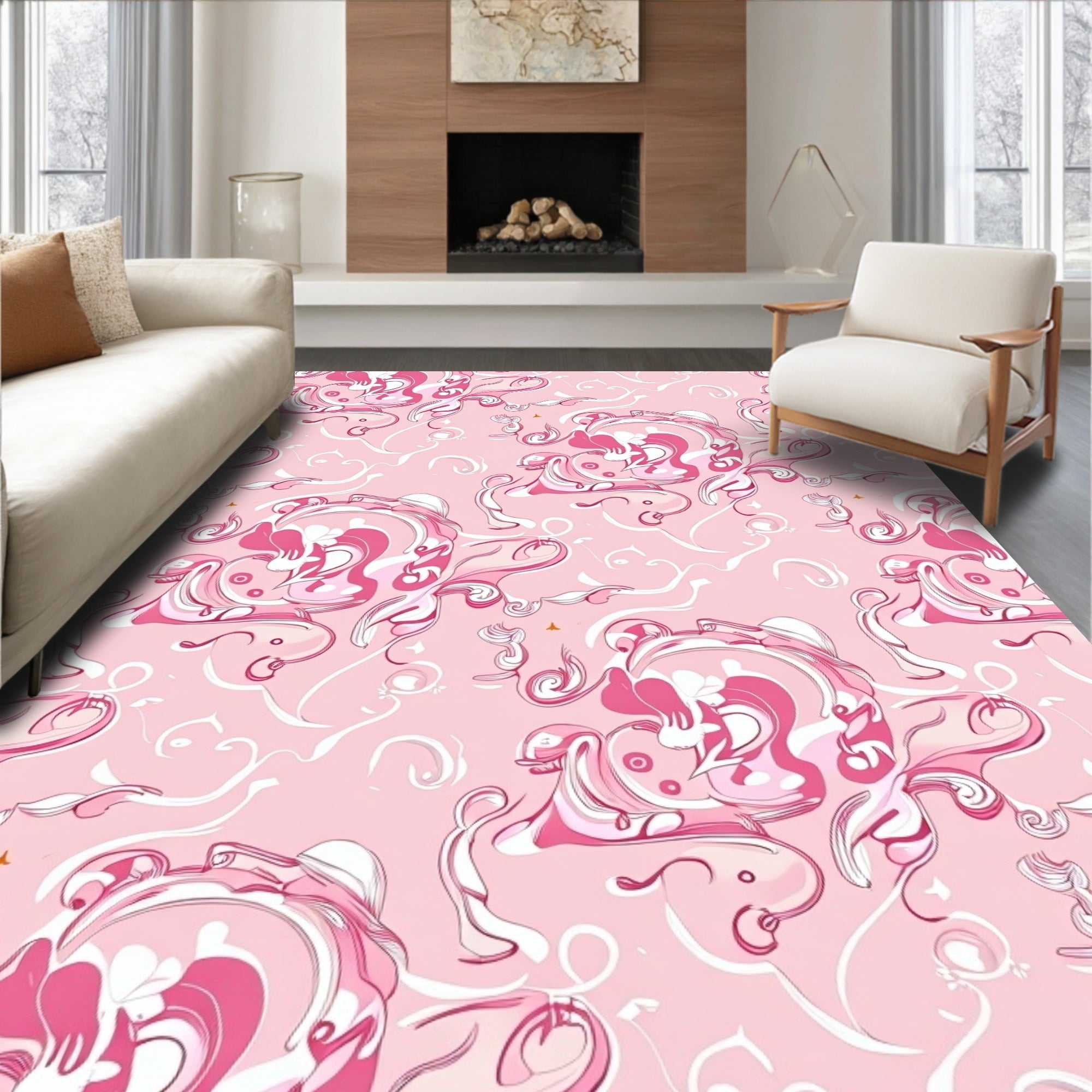 Pink Floral Swirl Pattern Design Rug