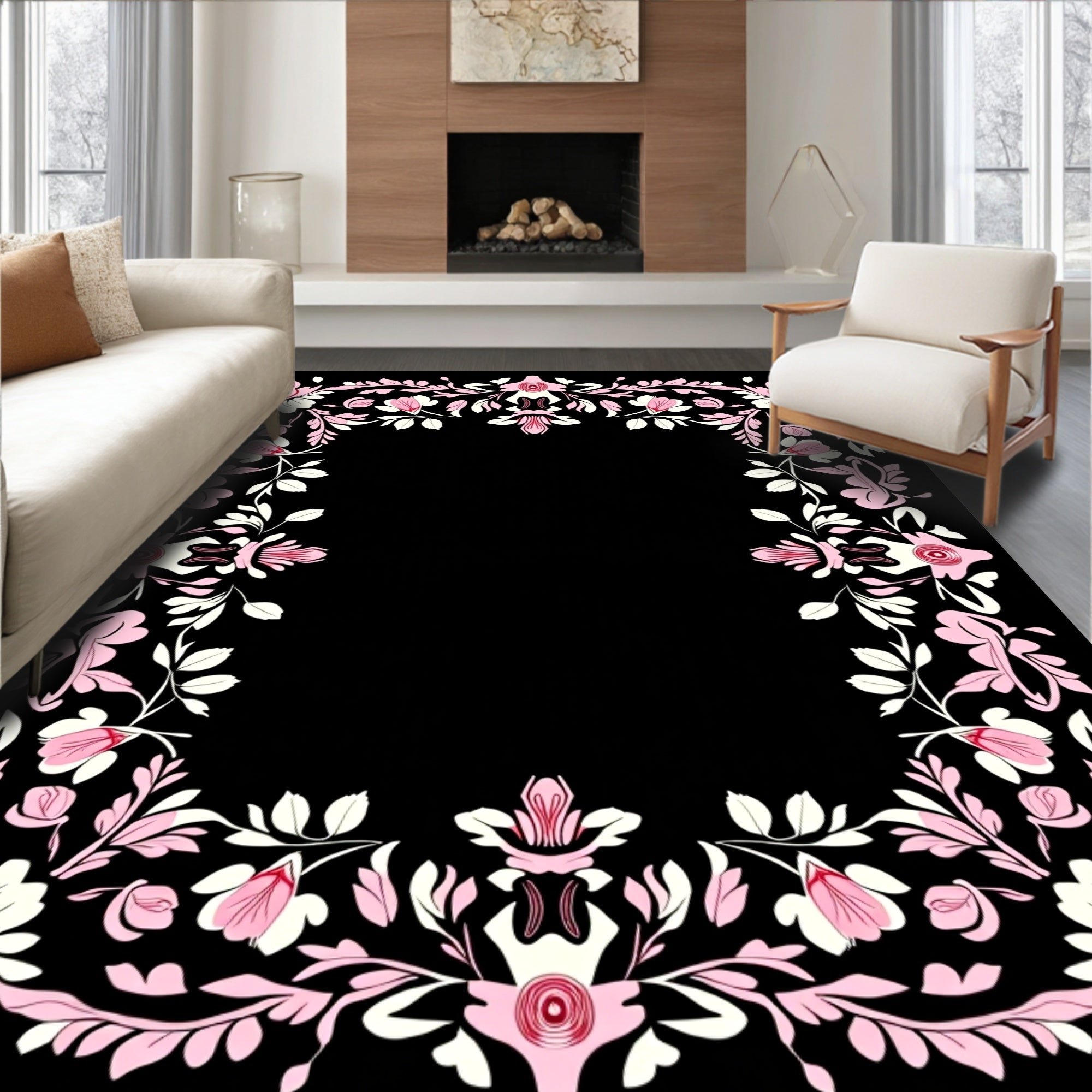 Pink Rose Floral Swirl Border Design Rug