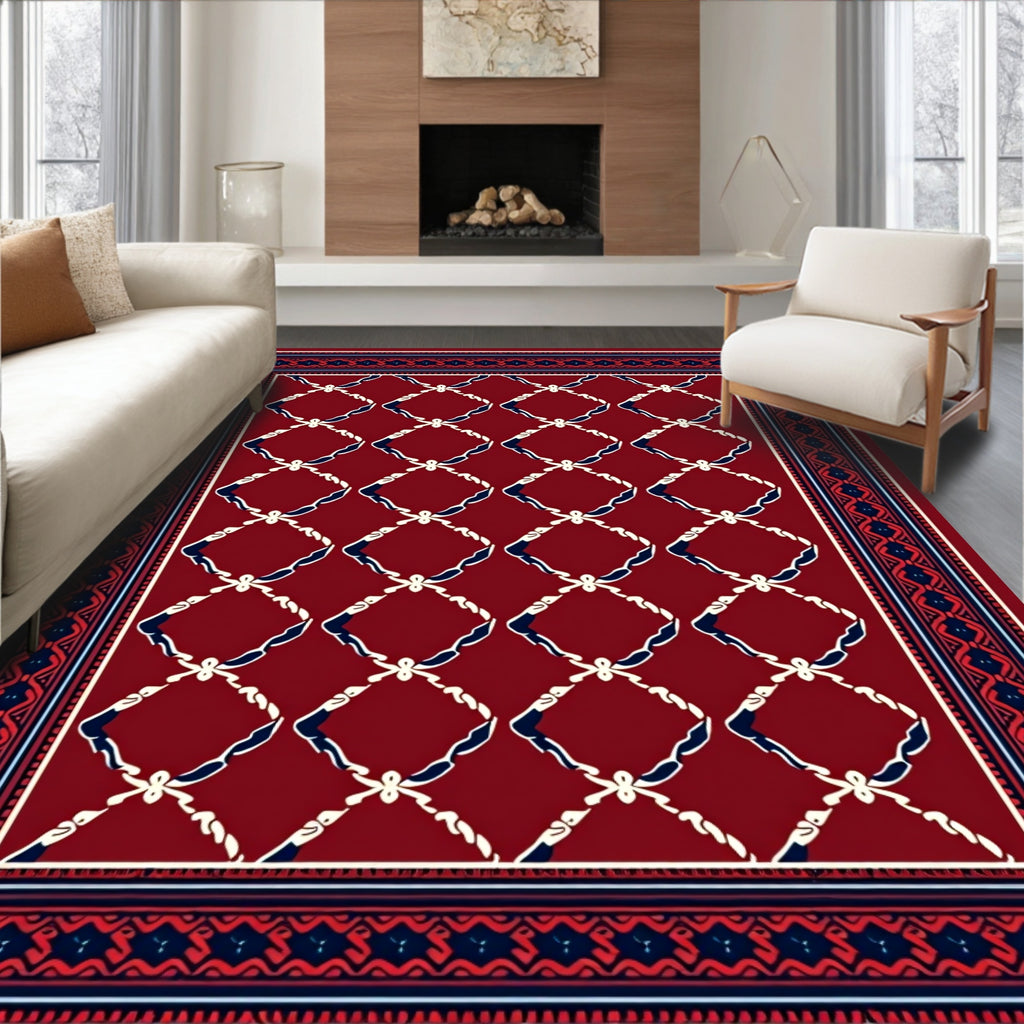Classic Lattice Burgundy With Blue Trim Rug