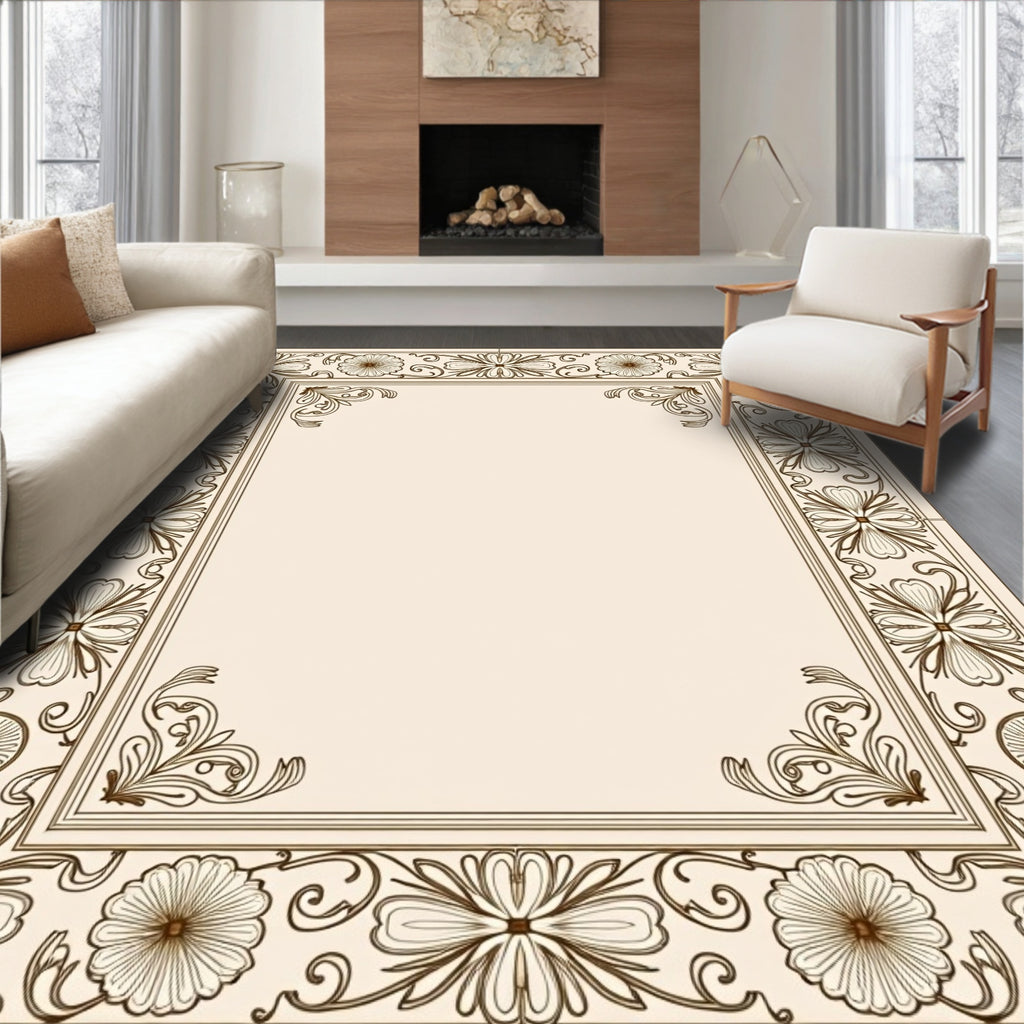 Cream Floral Scroll Border Rug