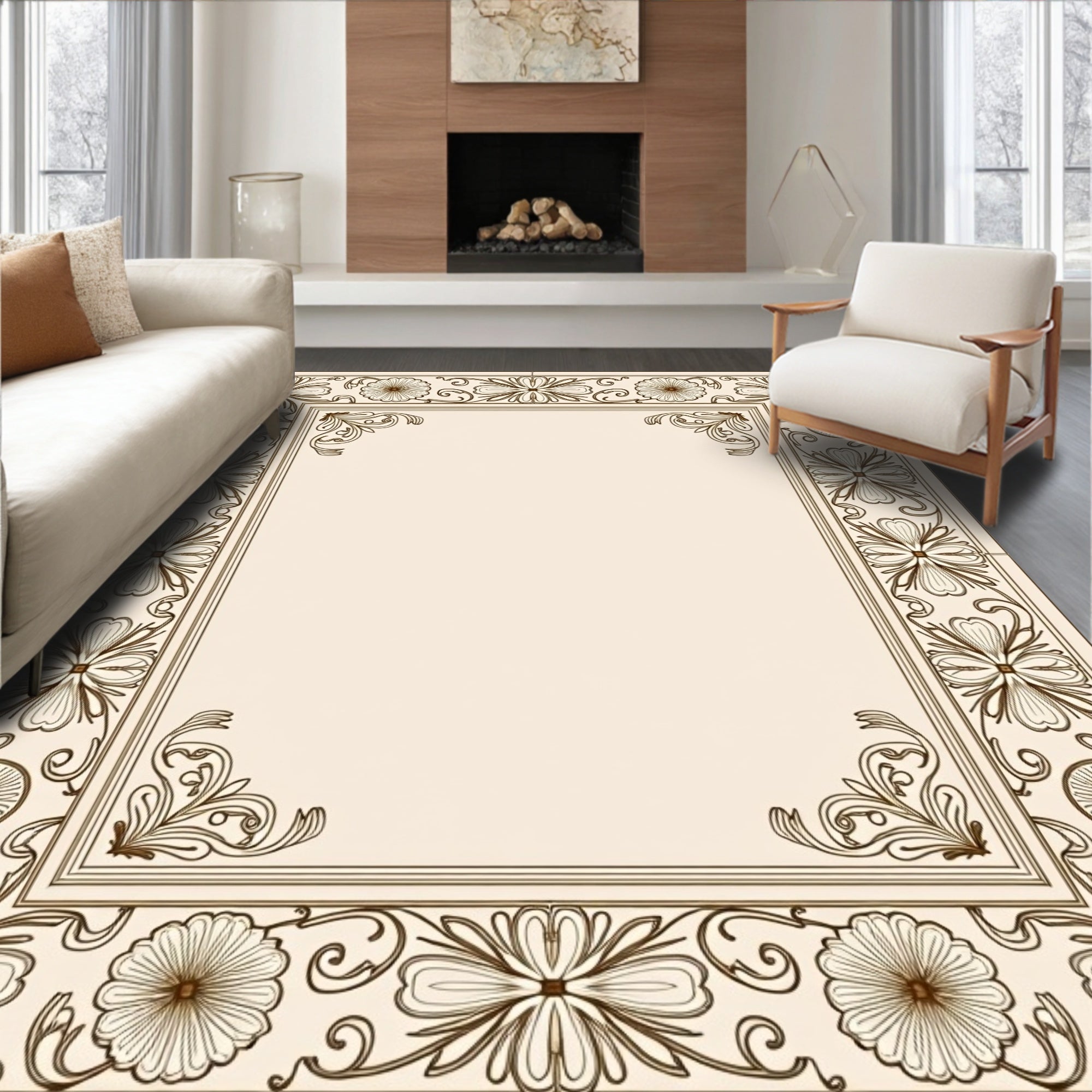 Cream Floral Scroll Border Rug