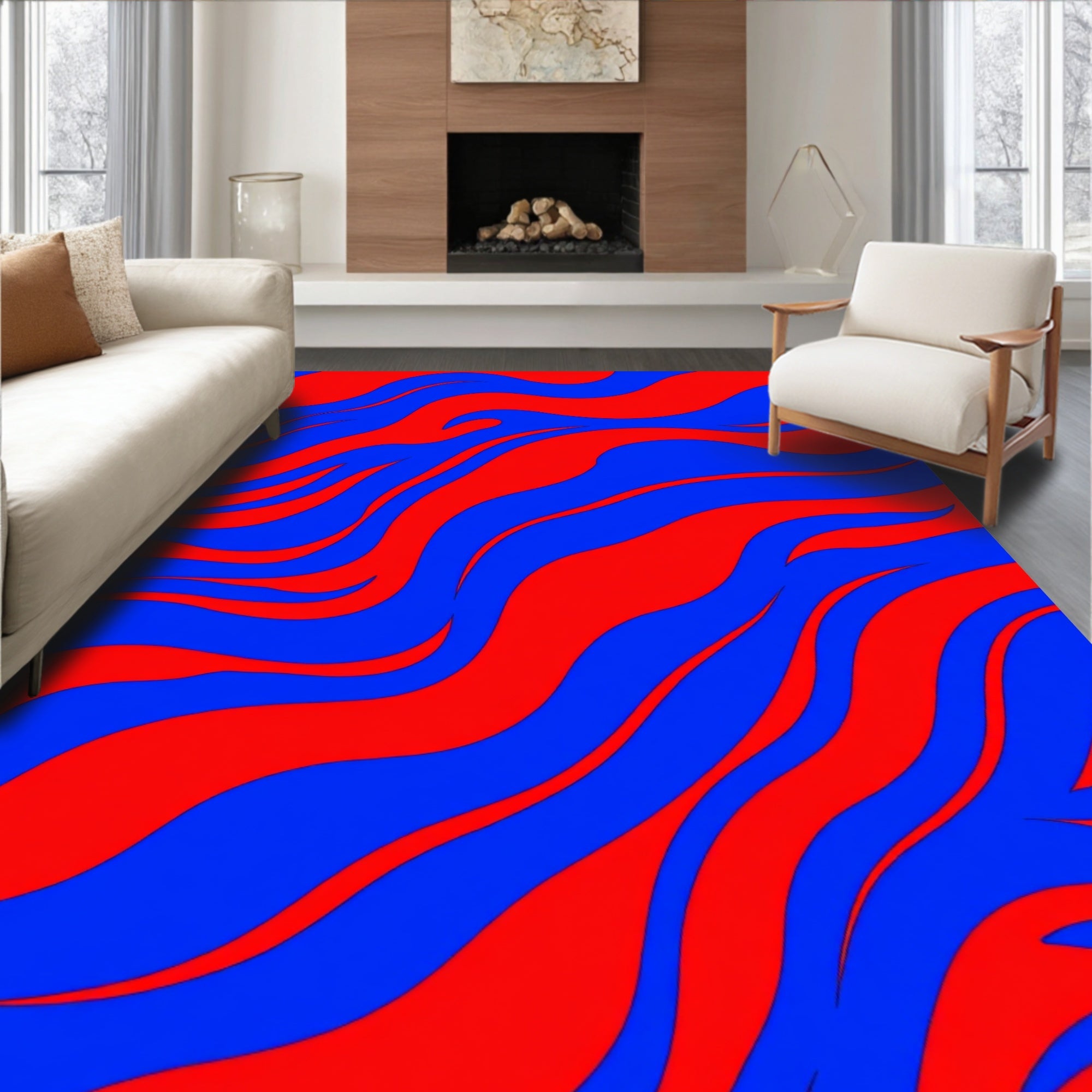 Bold Red And Blue Wavy Pattern Rug