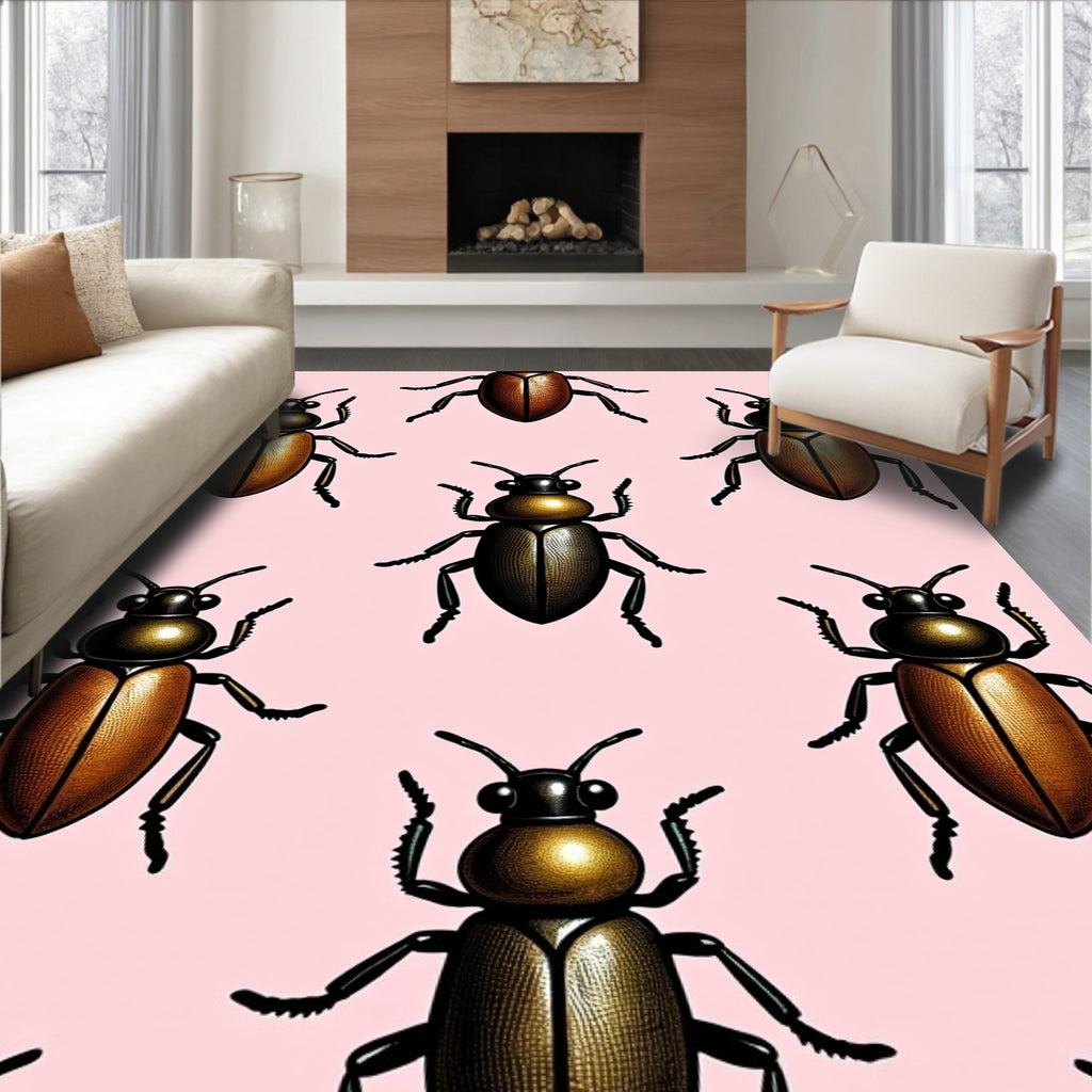 Bronze Beetle Pattern On Pink Background Rug