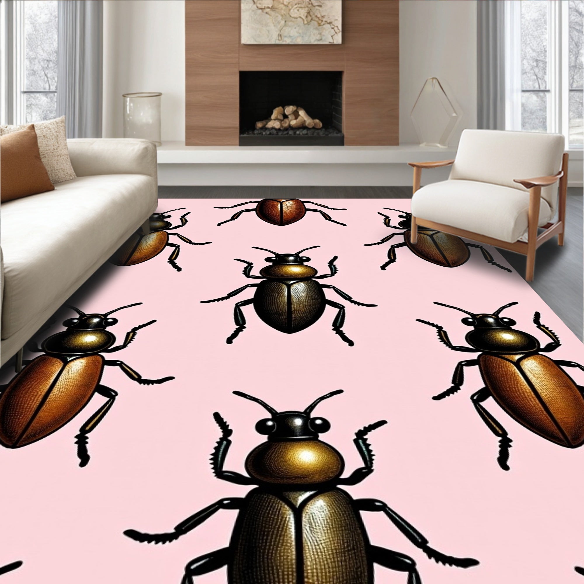 Bronze Beetle Pattern On Pink Background Rug