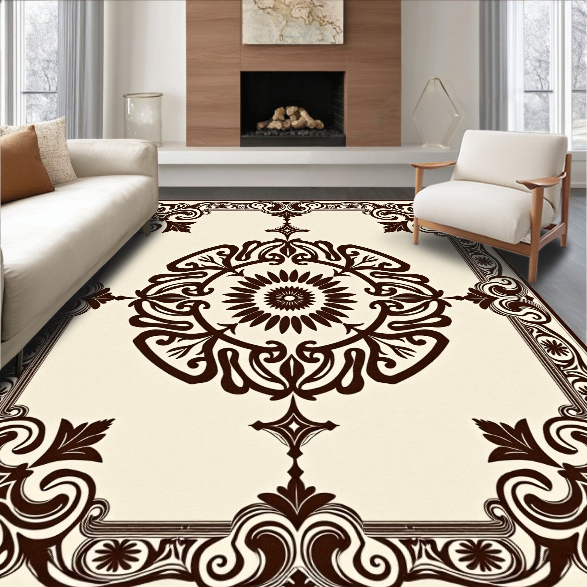 Brown Floral Scroll Frame Rug