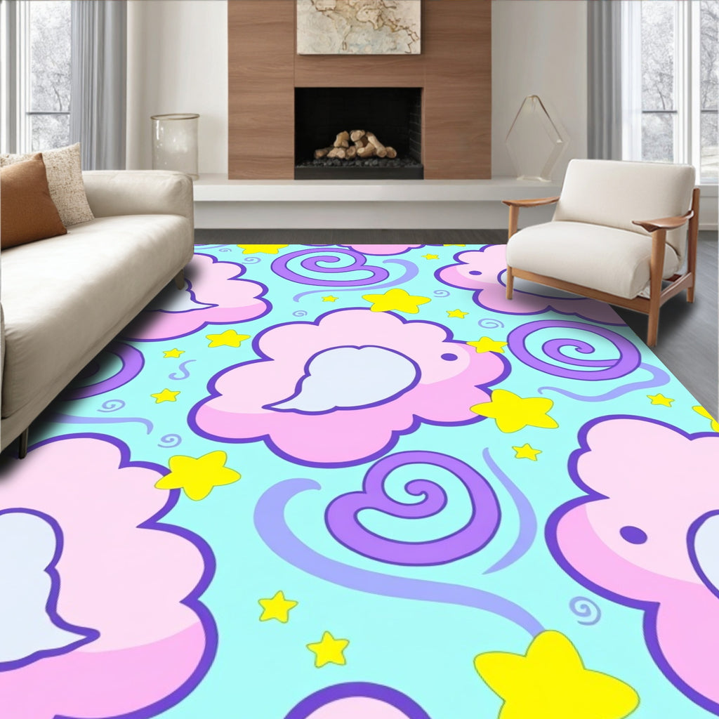 Whimsical Pink Cloud Star Swirl Rug
