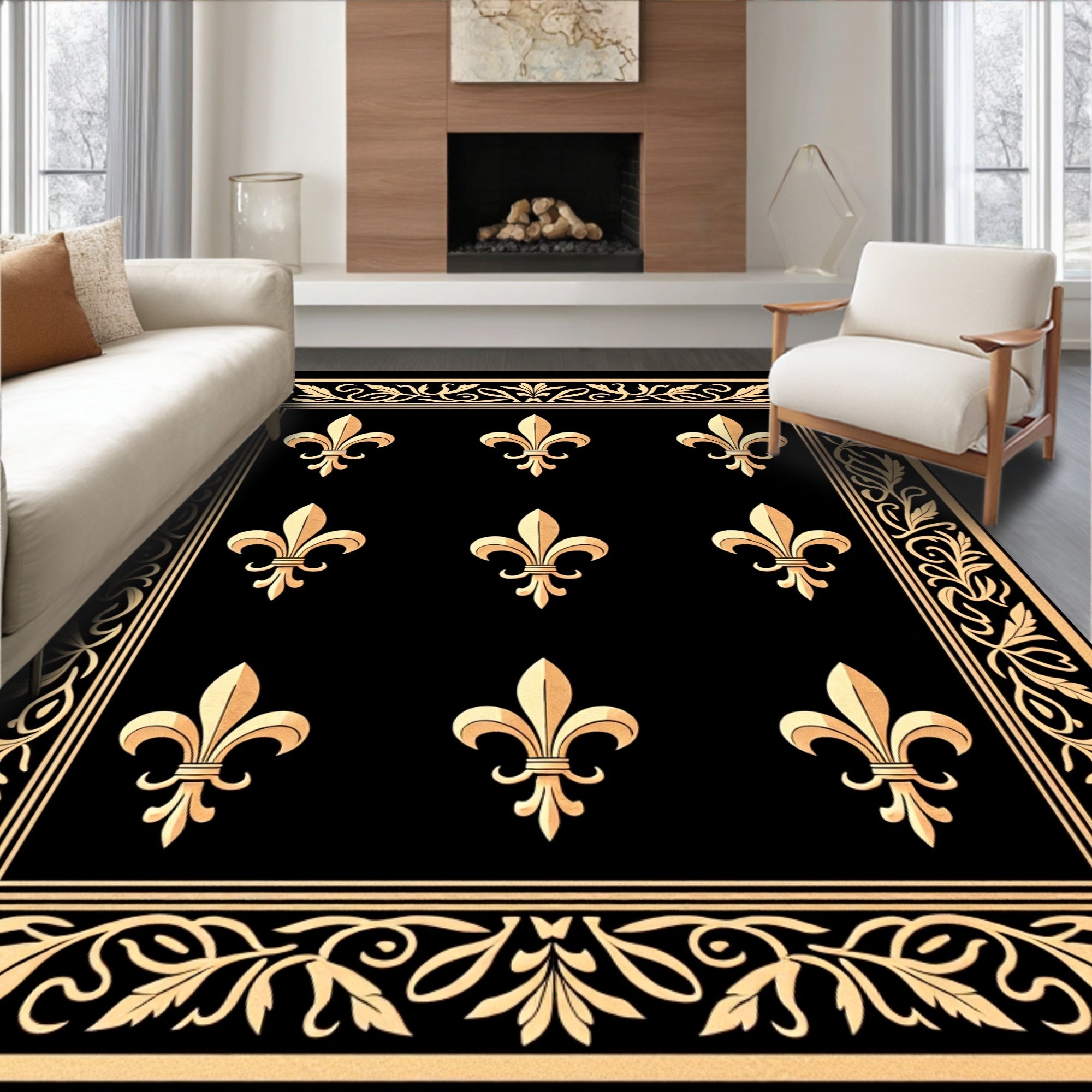 Classic Gold Fleur de Lis Border Rug
