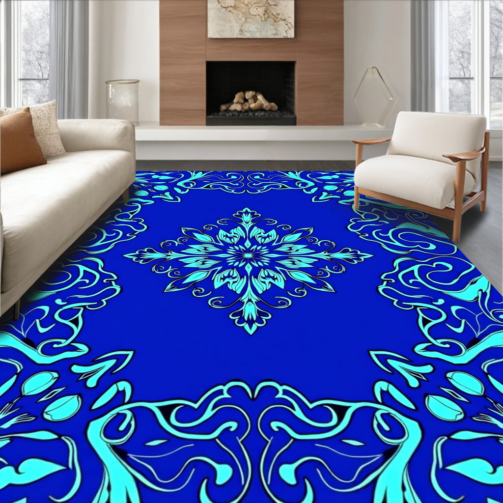Ornate Floral Scrolls Blue Rug