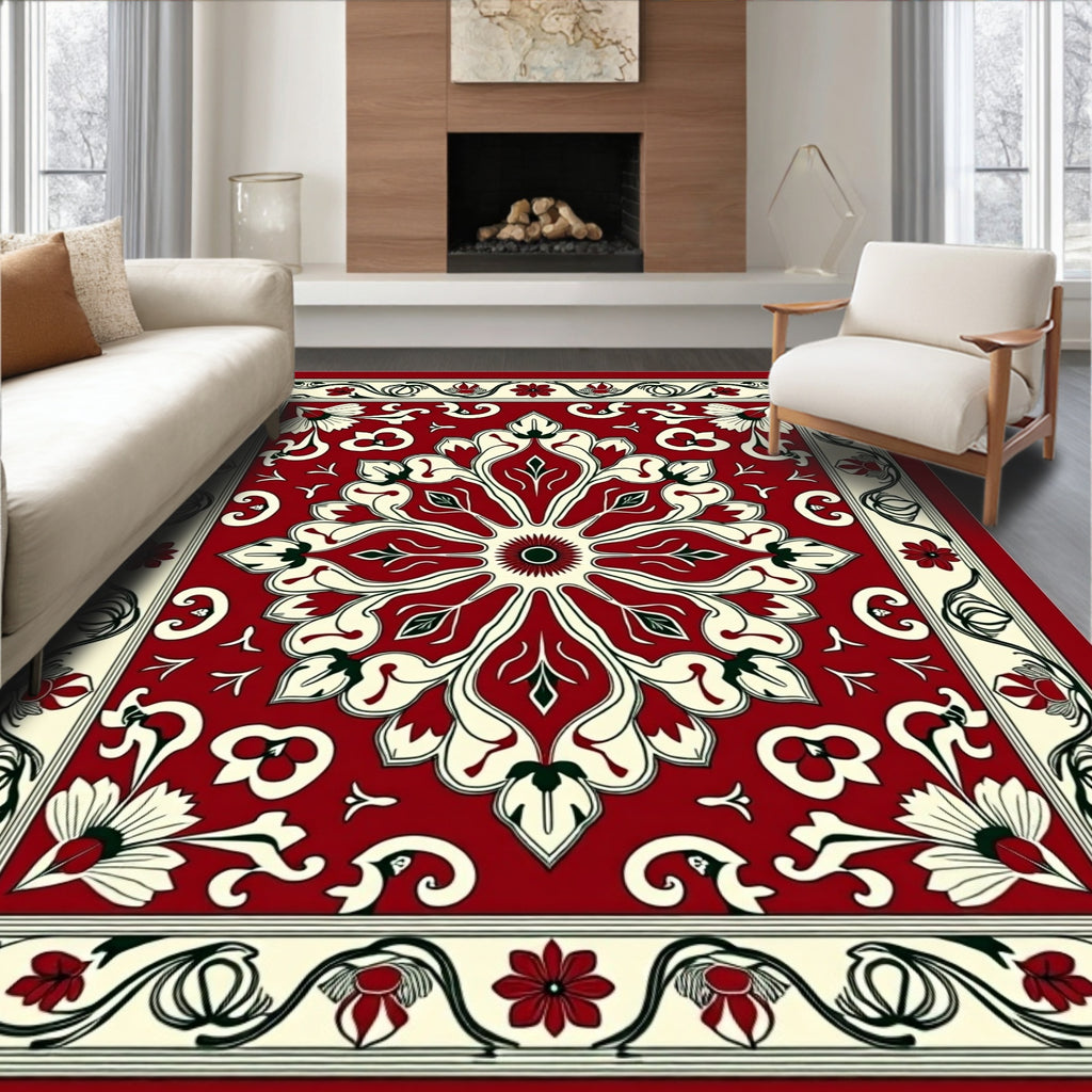Ornate Red Cream Floral Medallion Rug