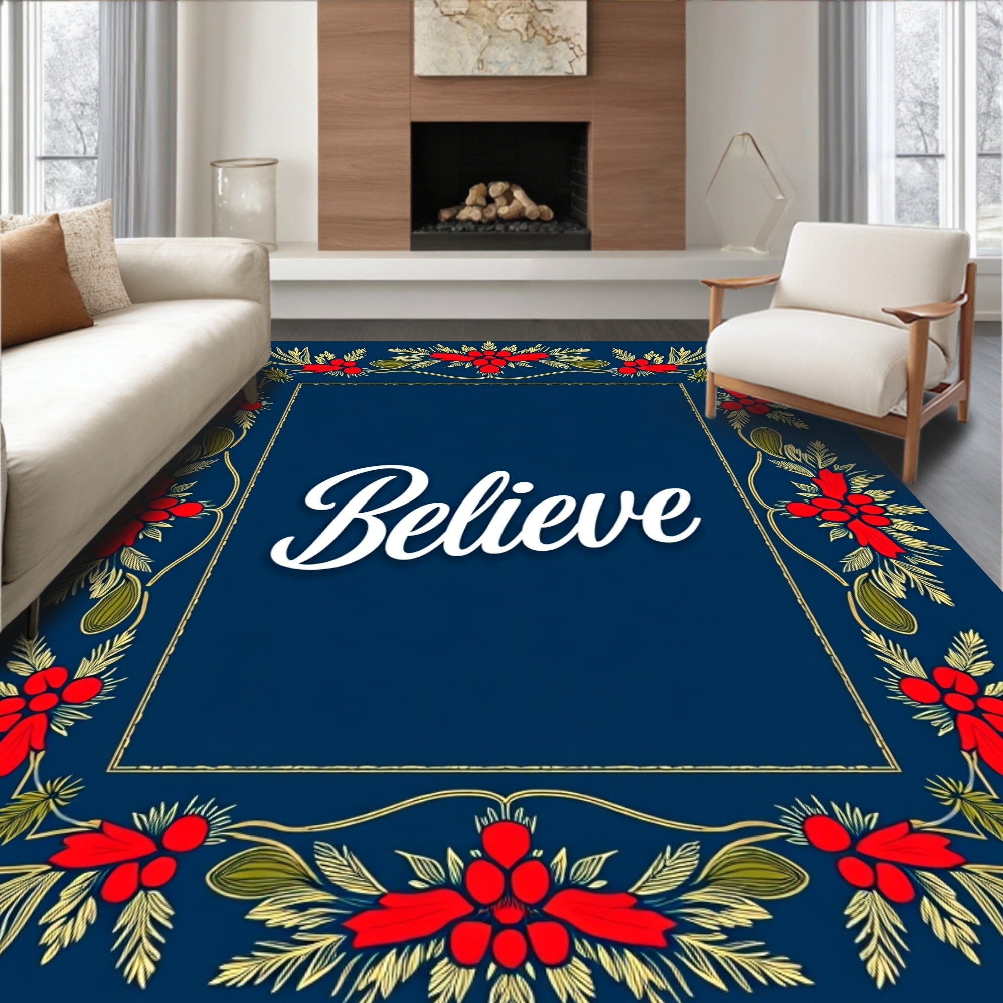 Festive Red Berry Leaf Frame Rug