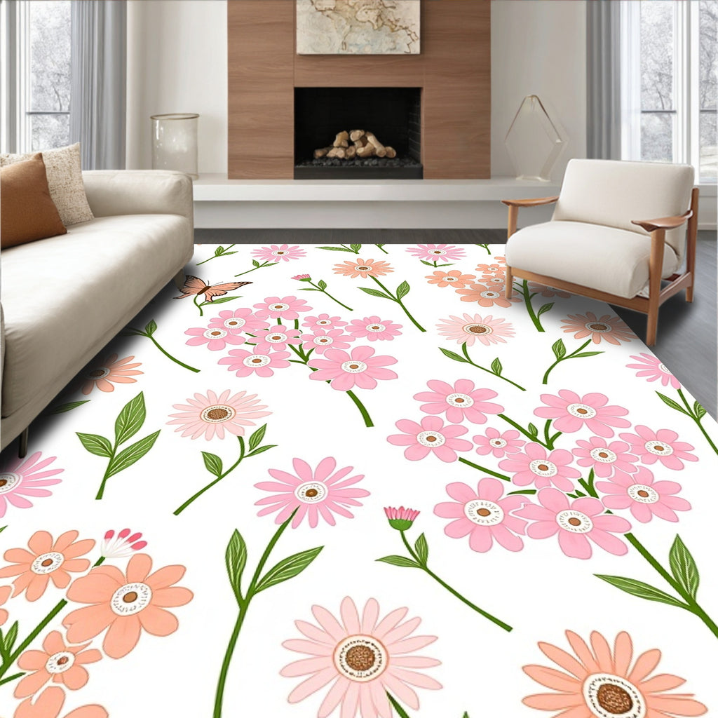Pink Coral Daisy Butterfly Pattern Rug