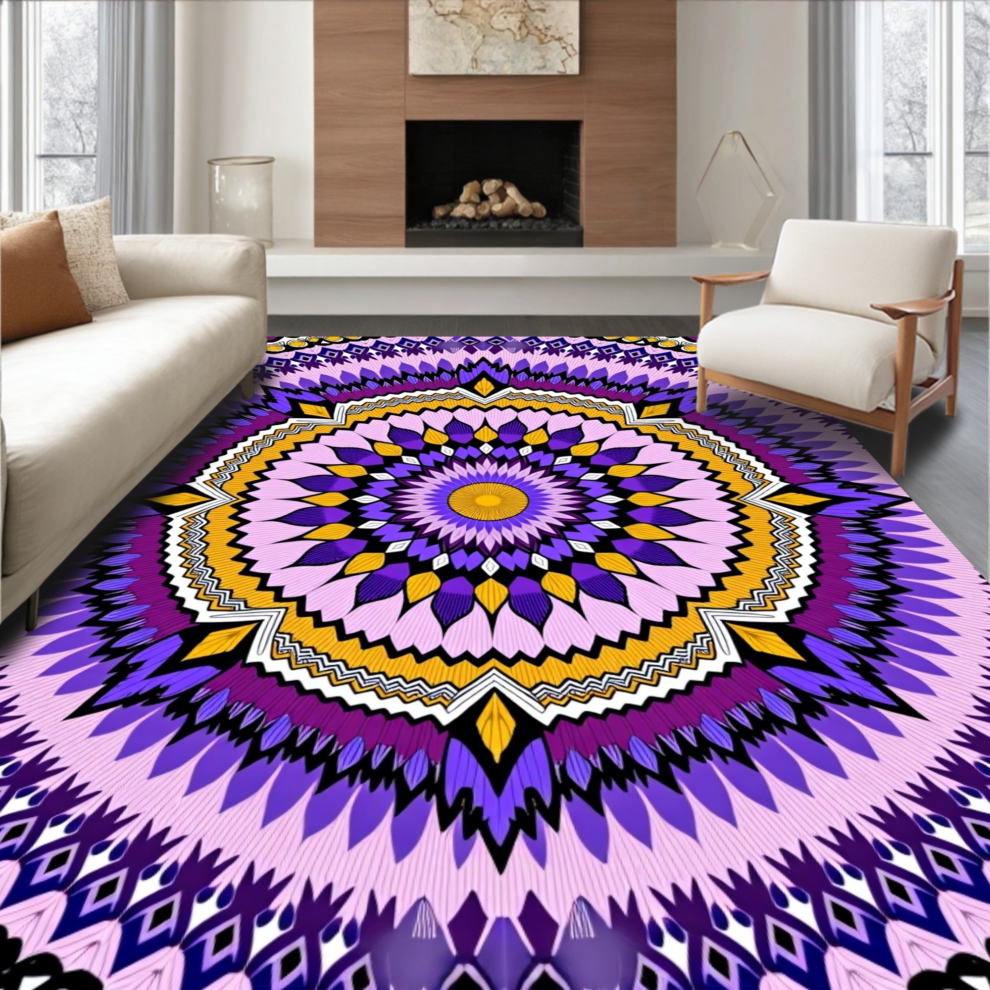 Vibrant Purple Yellow Mandala Pattern Rug