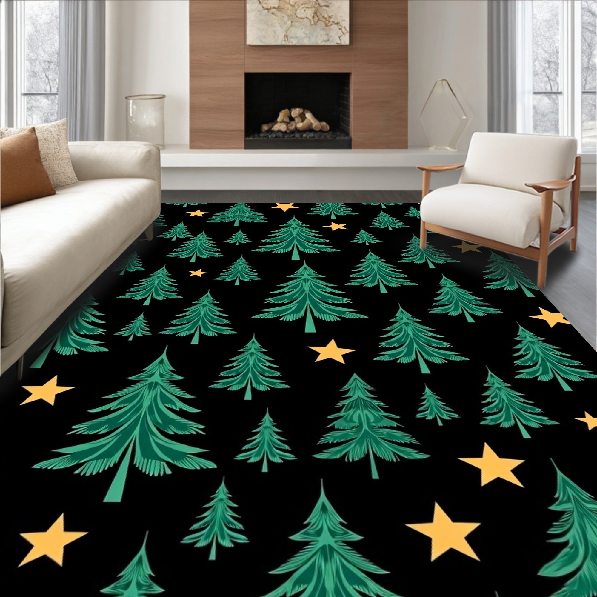 Green Evergreen Trees Yellow Star Scatter Rug