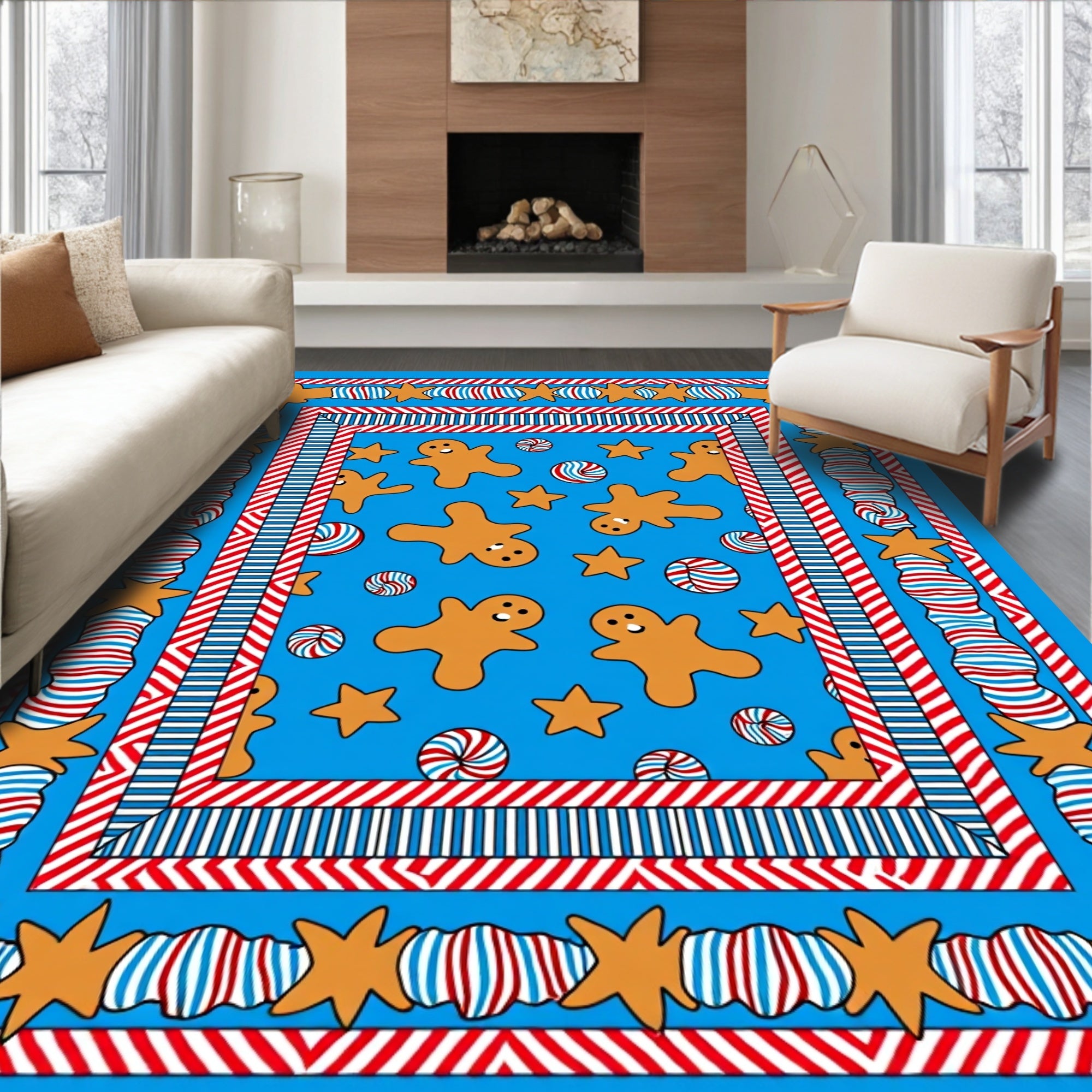 Gingerbread Stars Candy Blue Border Rug