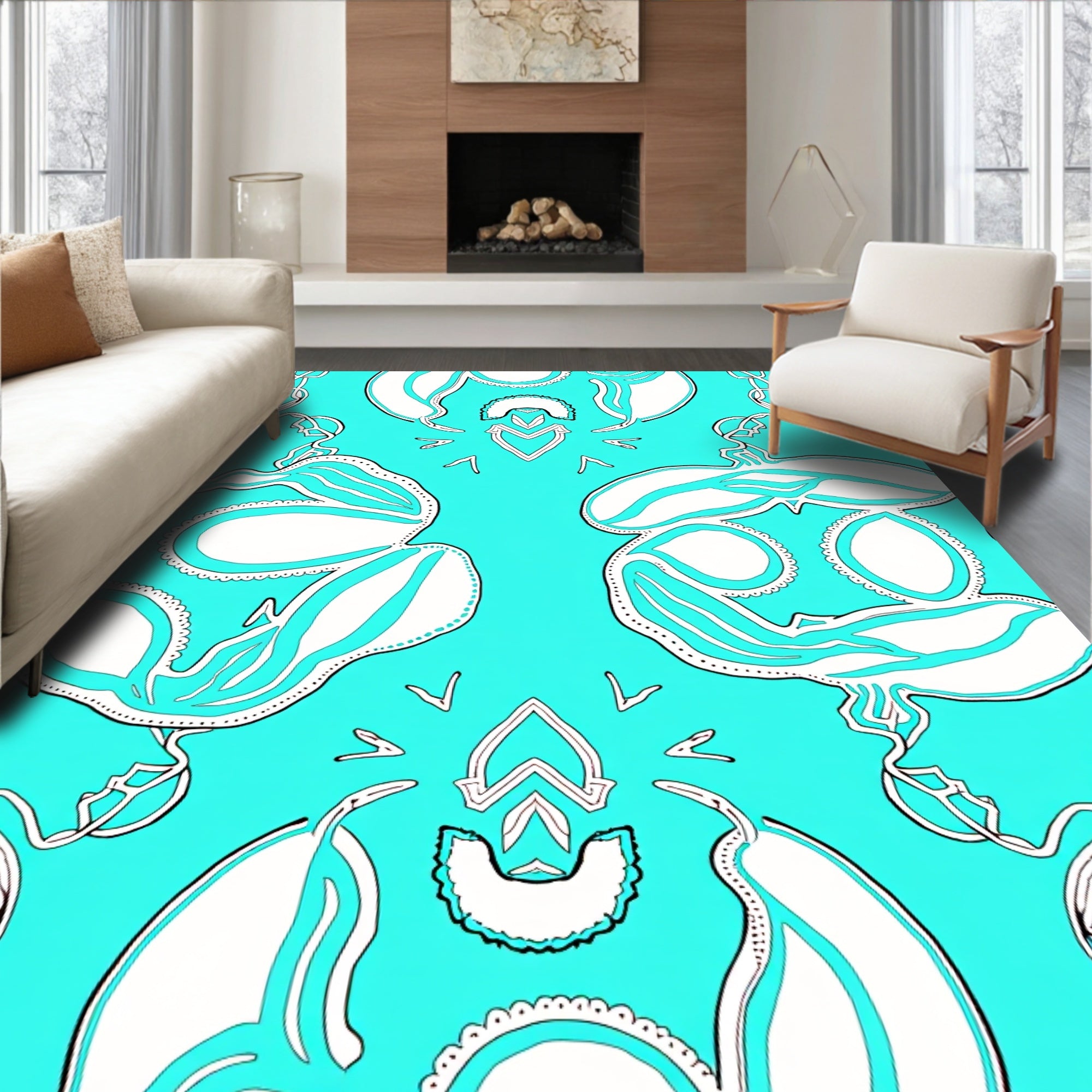 Abstract Aqua White Flowing Organic Pattern Rug