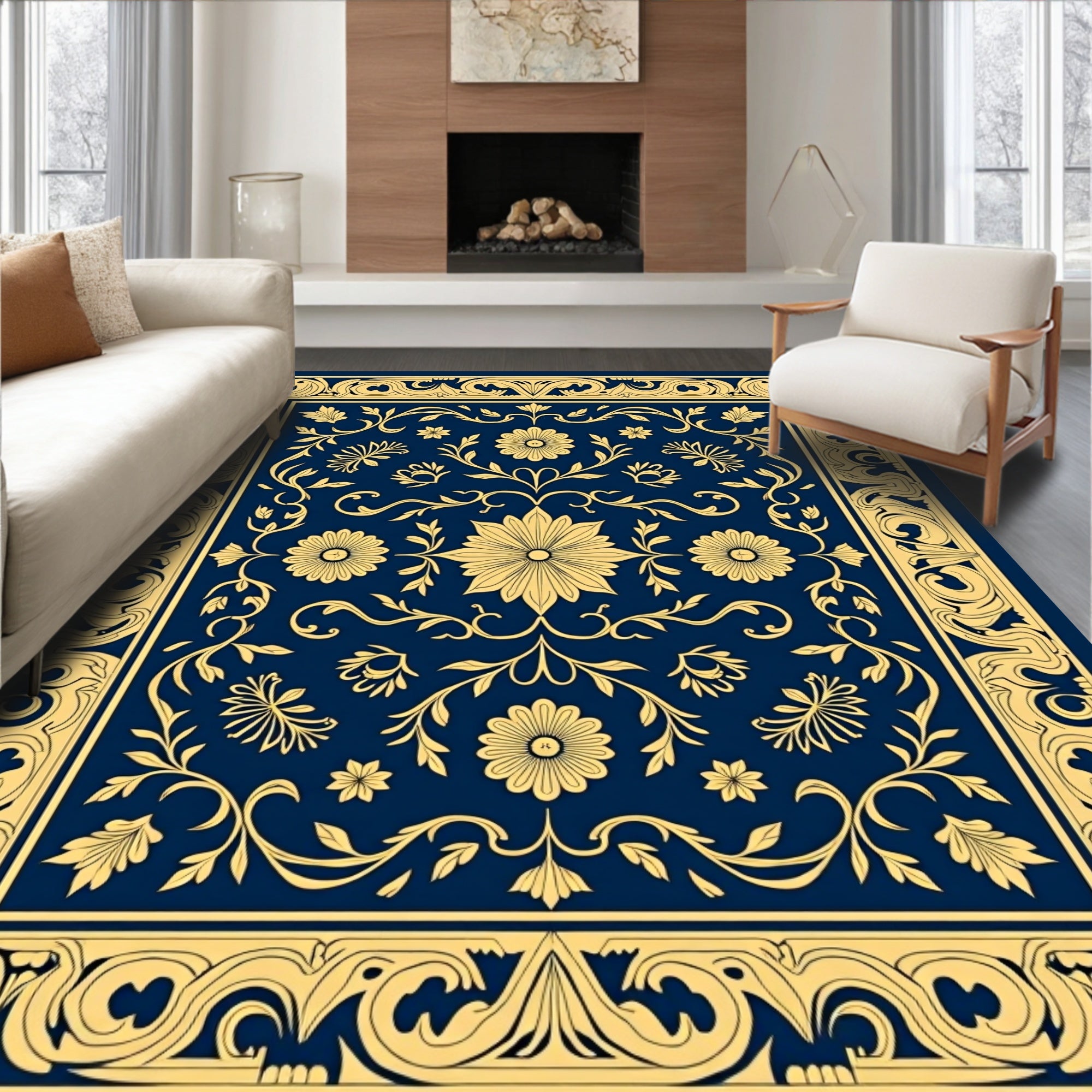 Vintage Floral Medallion Blue Gold Rug