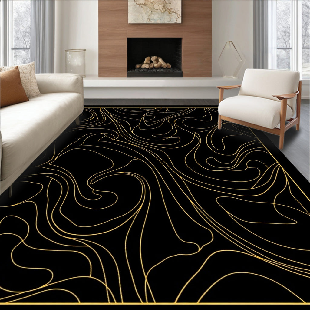 Black Gold Abstract Swirl Pattern Rug