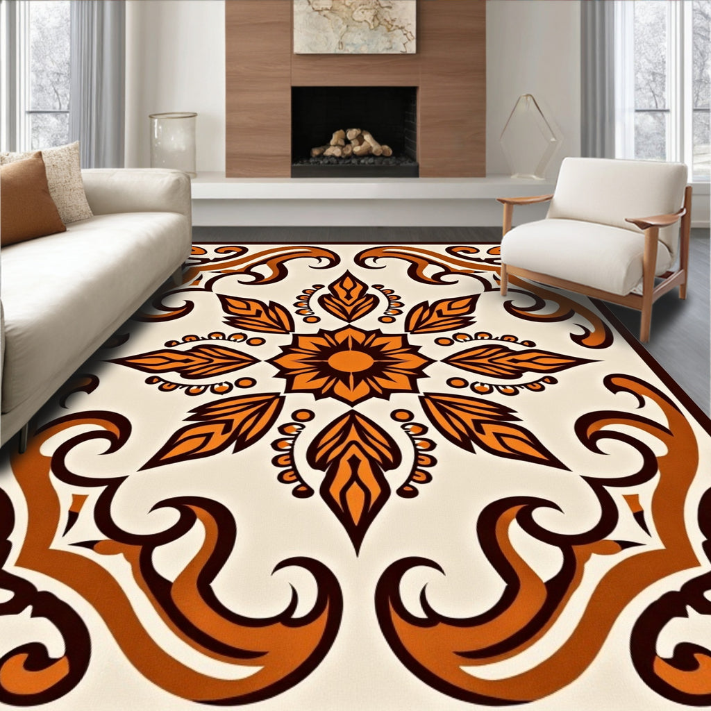 Orange Swirl Floral Mandala Pattern Rug