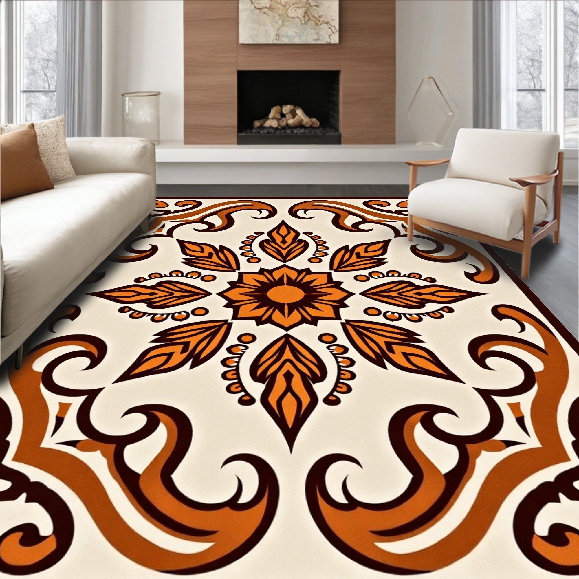 Orange Swirl Floral Mandala Pattern Rug