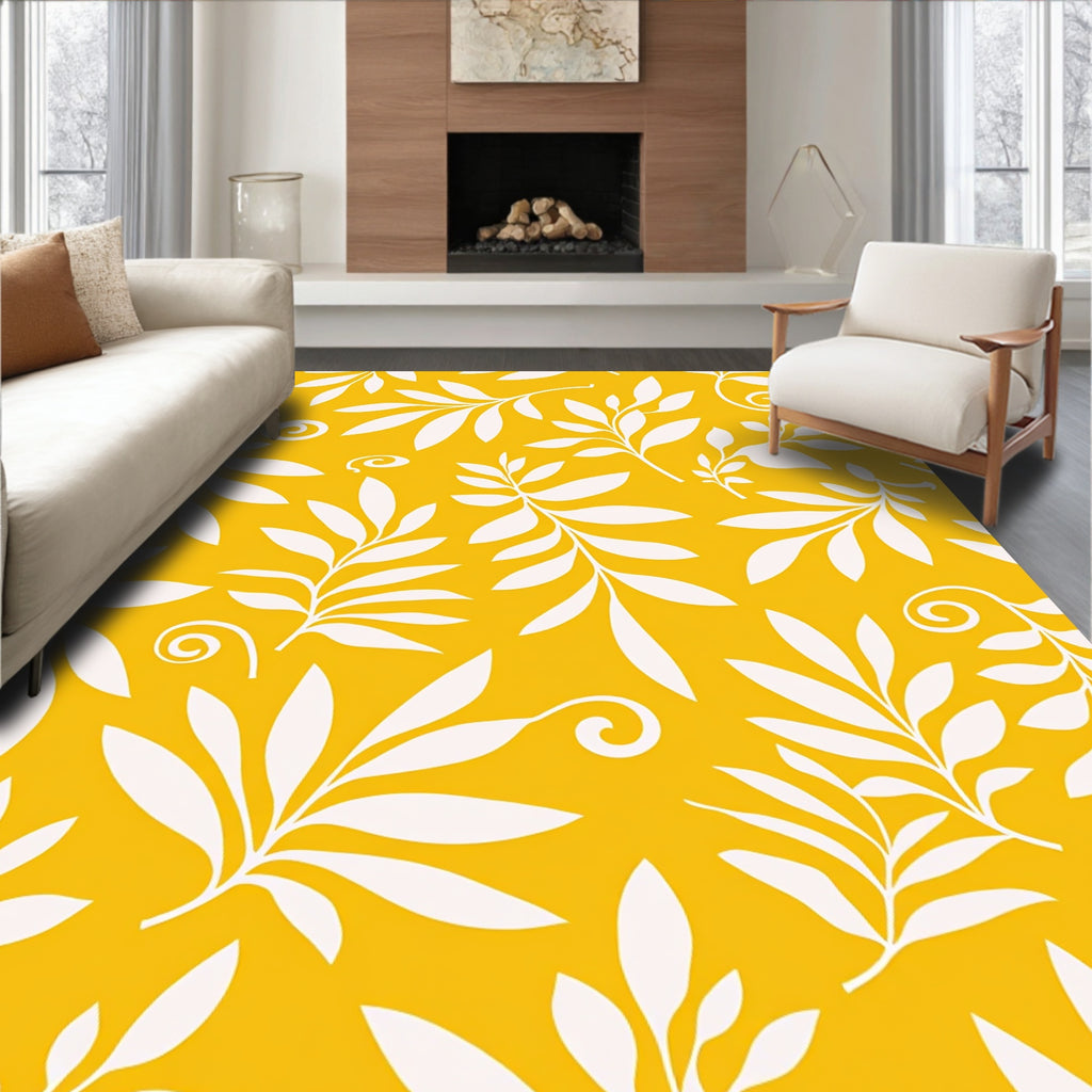 Yellow White Floral Swirl Pattern Rug