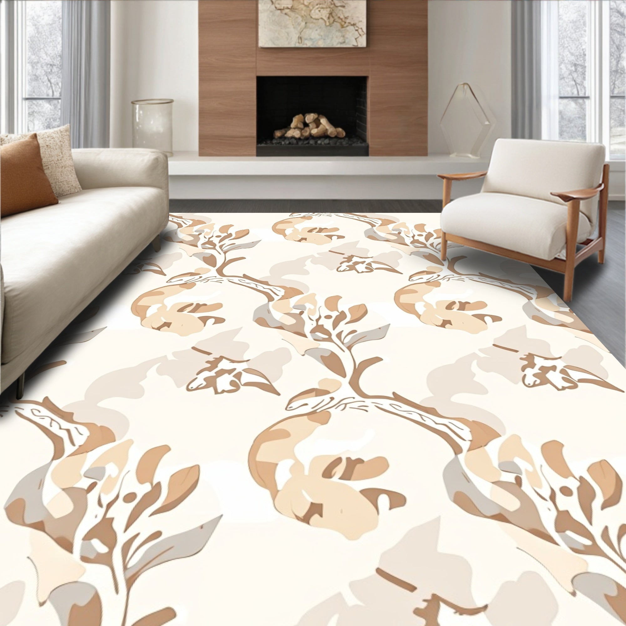 Neutral Abstract Floral Vine Art Rug