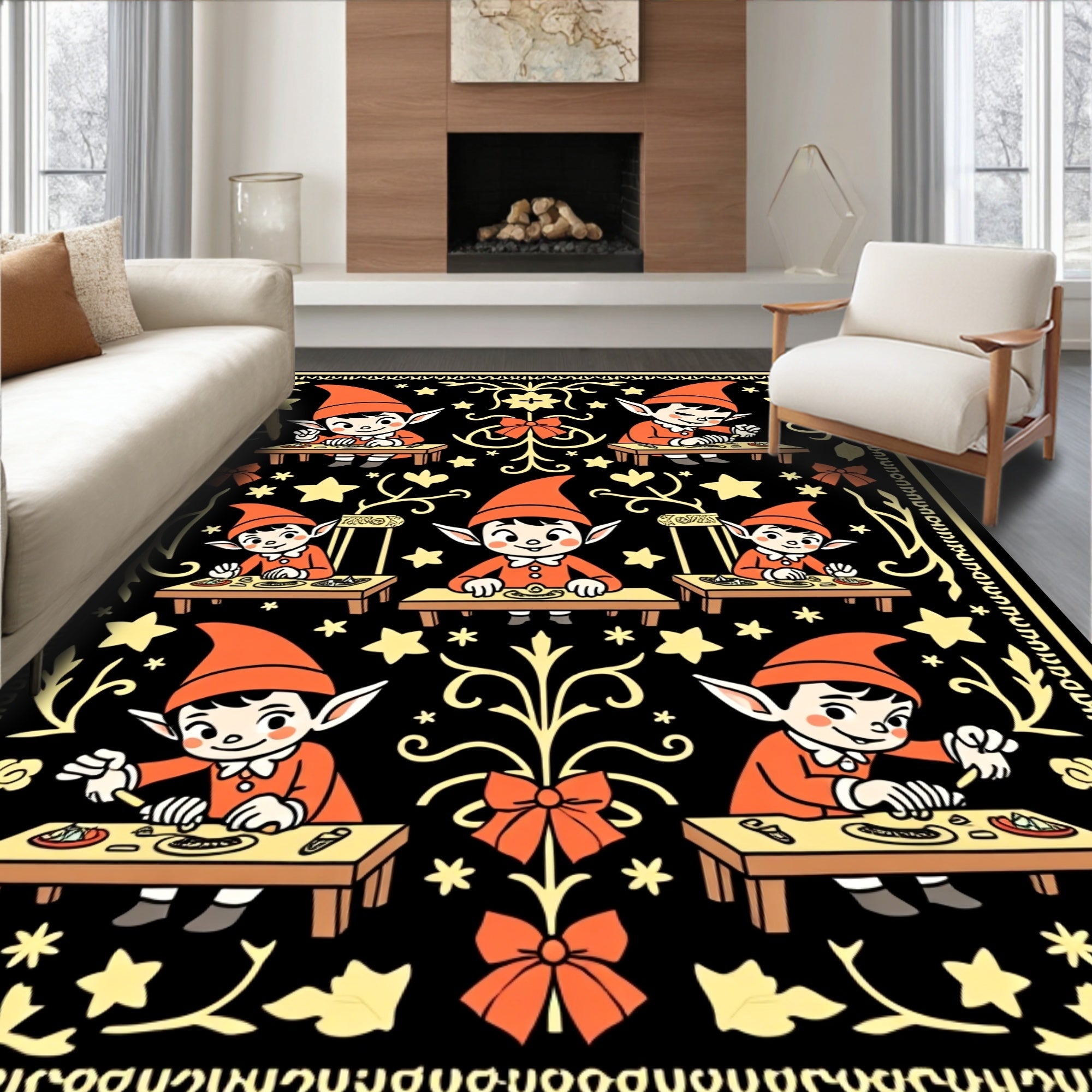 Whimsical Orange Elf Gnomes Black Rug