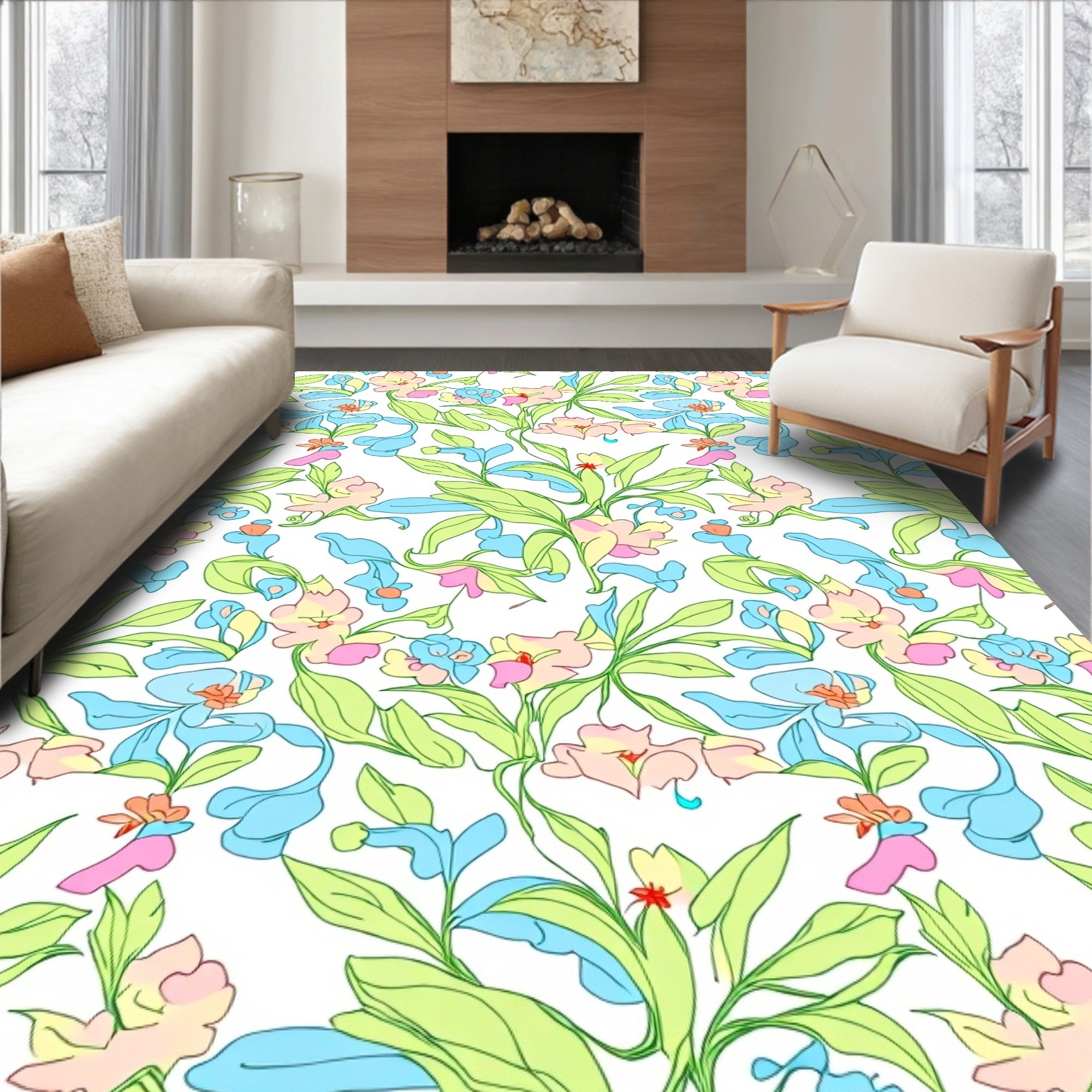 Pastel Floral Garden Nature Design Rug