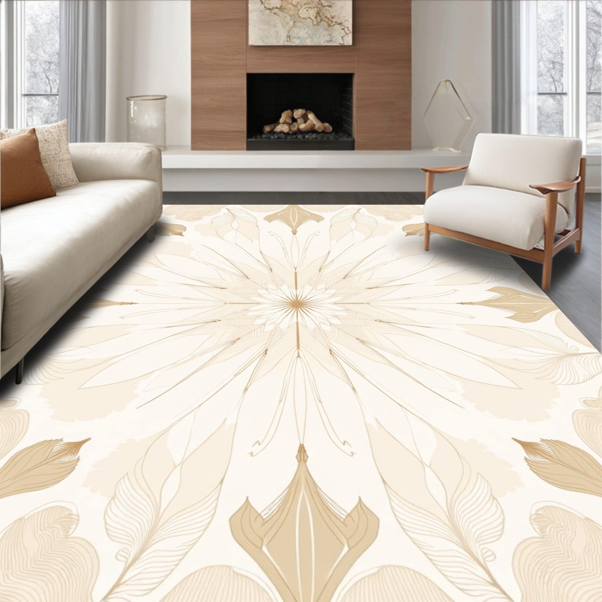 Floral Mandala Inspired Line Art Design Rug
