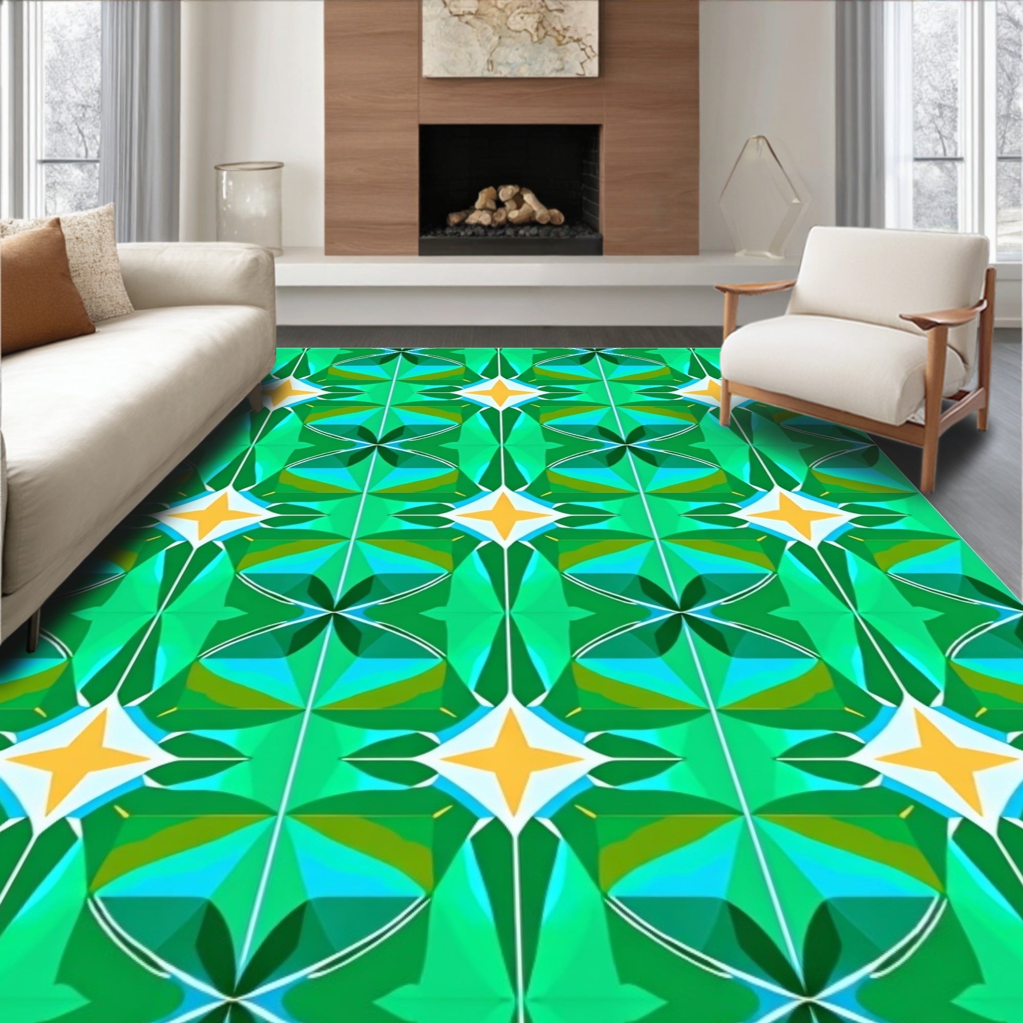 Emerald Green Geometric Starburst Pattern Rug