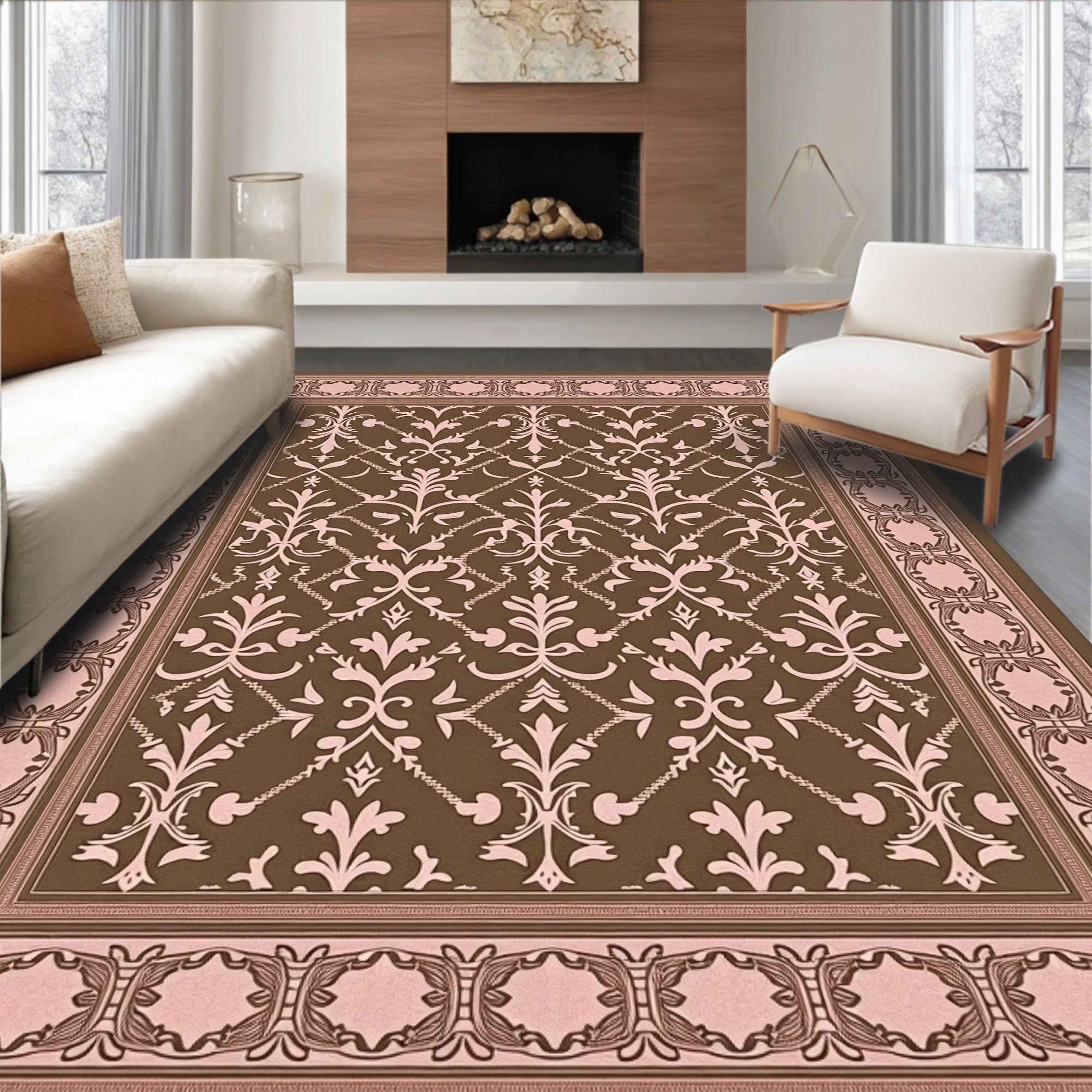 Traditional Damask Patterned Brown Pink Rug