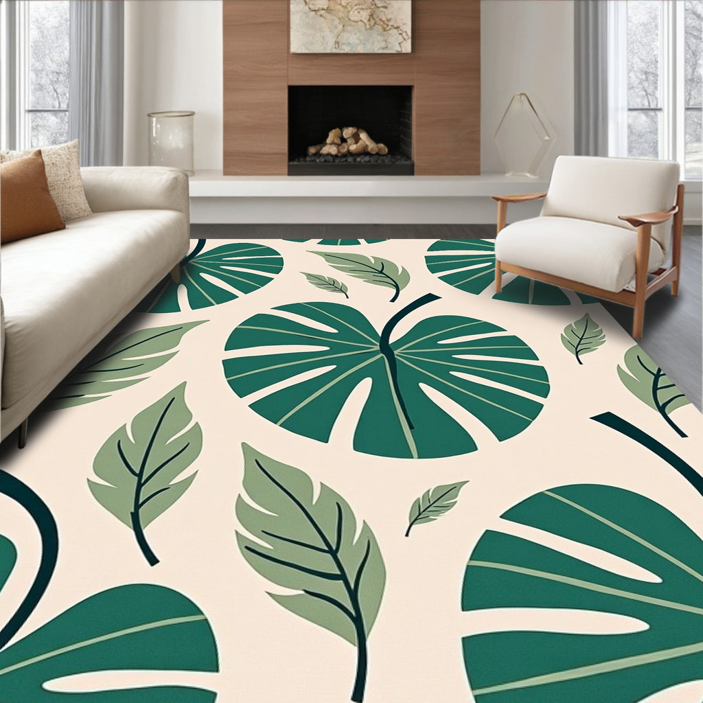 Bold Green Tropical Leaf Pattern Rug
