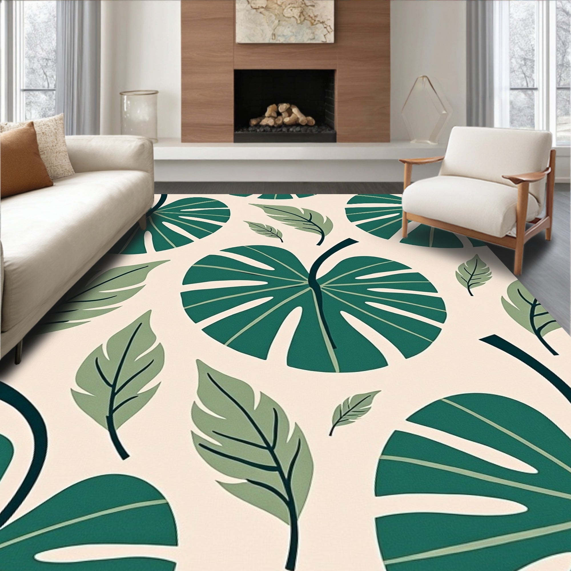 Bold Green Tropical Leaf Pattern Rug