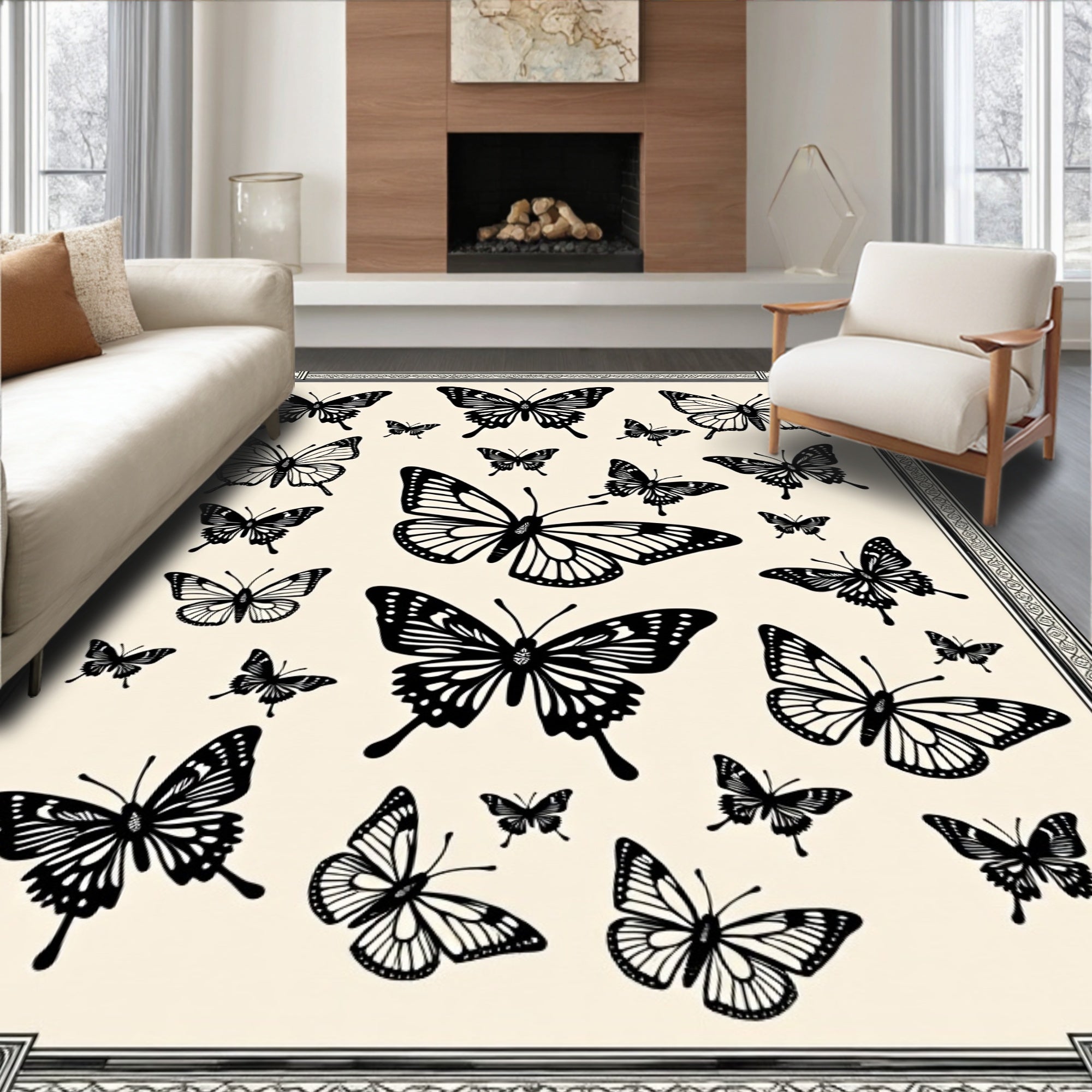 Vibrant Black Butterfly Collage Rug