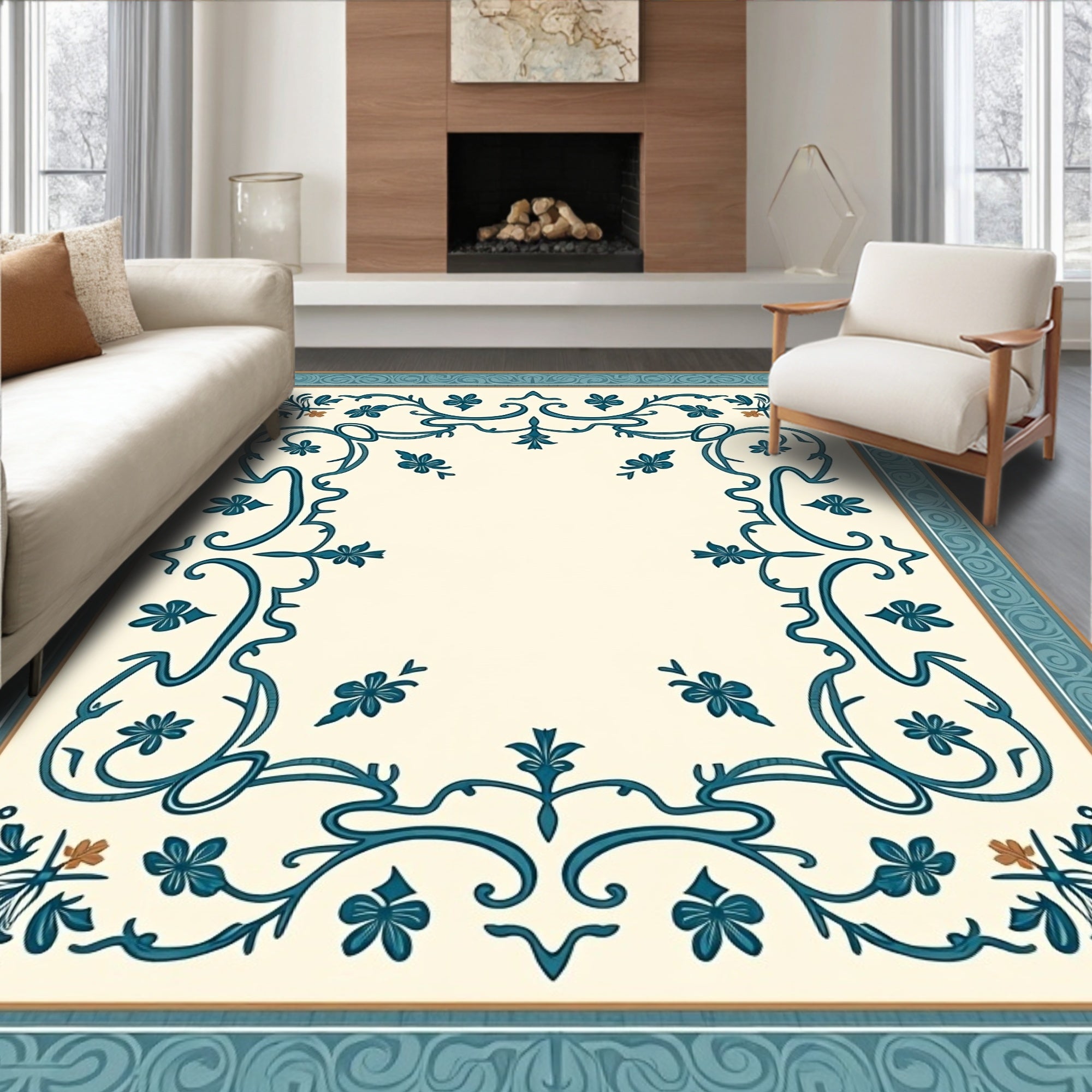 Ornate Teal Floral Border Design Rug