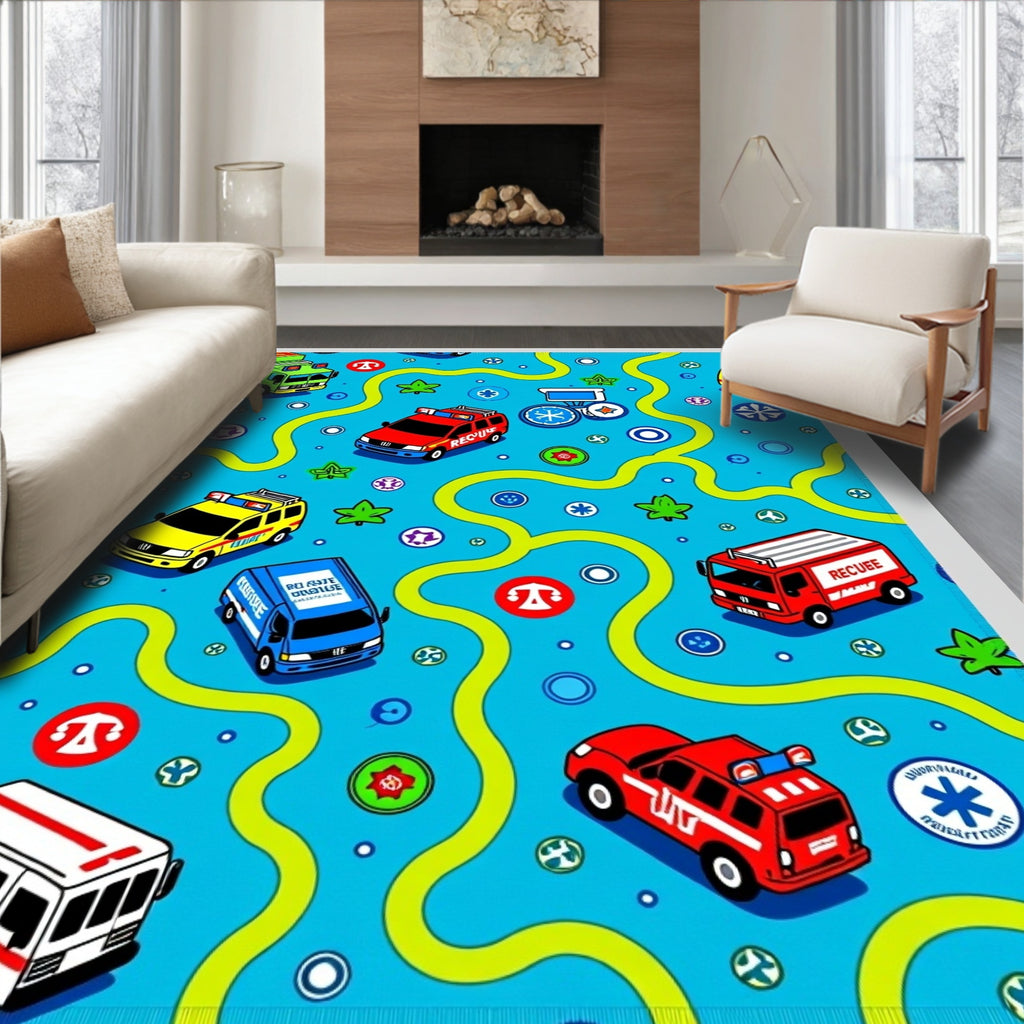 Bright Blue Rescue Vehicles Fun Scene Rug