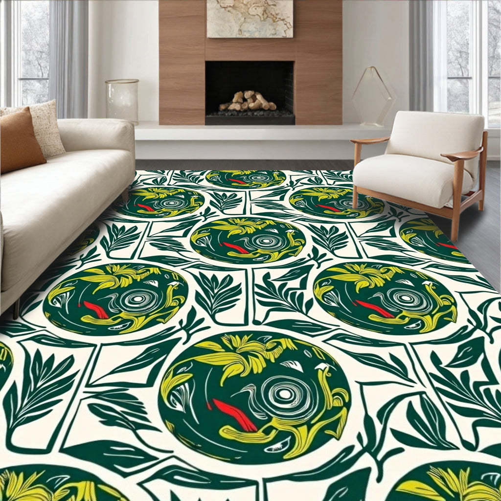 Whimsical Green Yellow Bird Floral Circles Rug