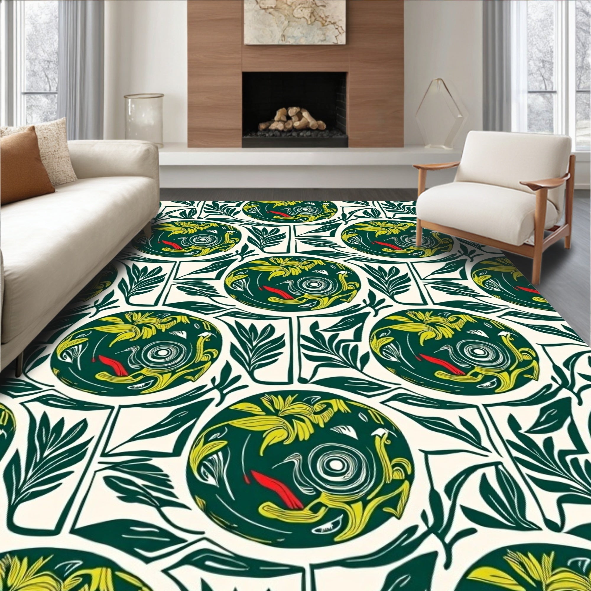 Whimsical Green Yellow Bird Floral Circles Rug
