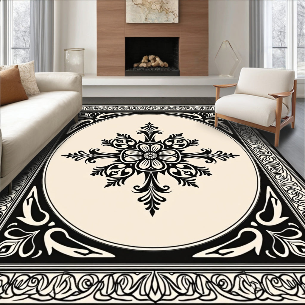 Classic Floral Medallion Black Cream Rug