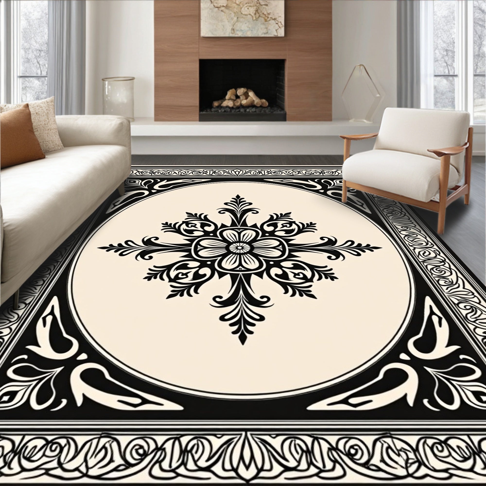 Classic Floral Medallion Black Cream Rug