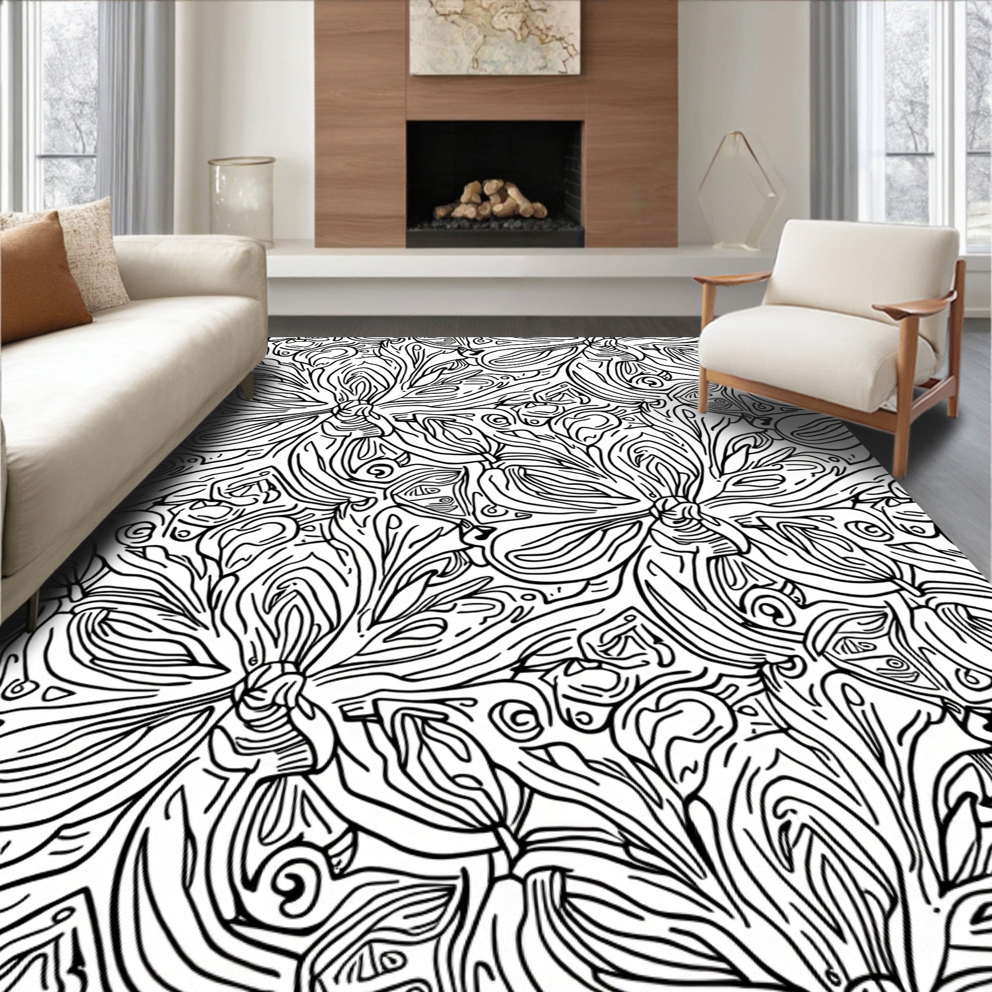 Abstract Floral Line Art Rug