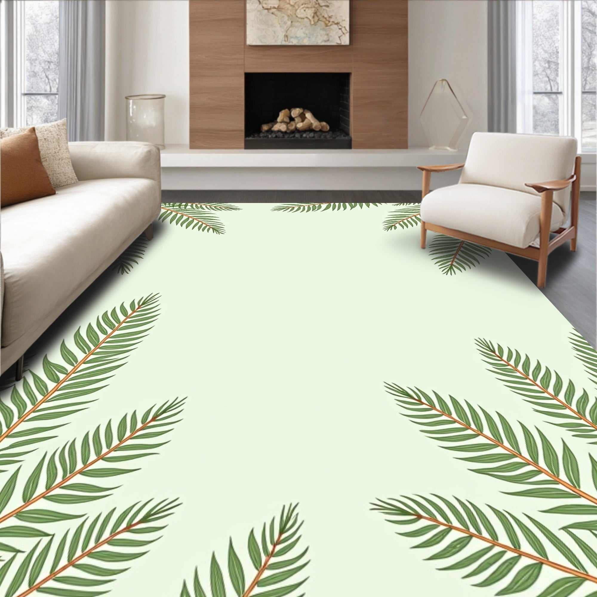 Green Leafy Branches Pattern Rug