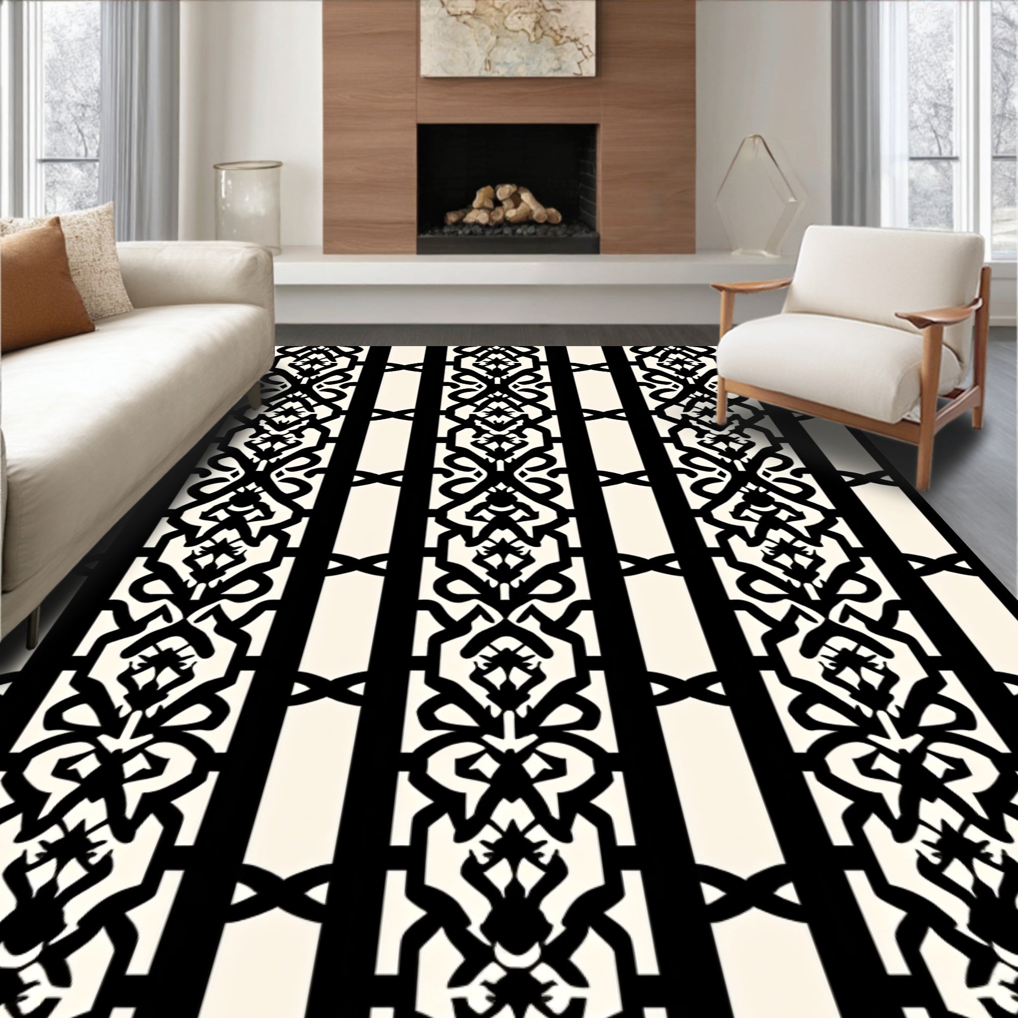 Black Intricate Paisley Stripes Rug
