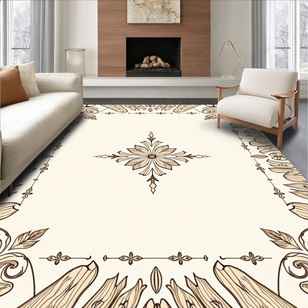 Elegant Floral Bordered Creamy Rug