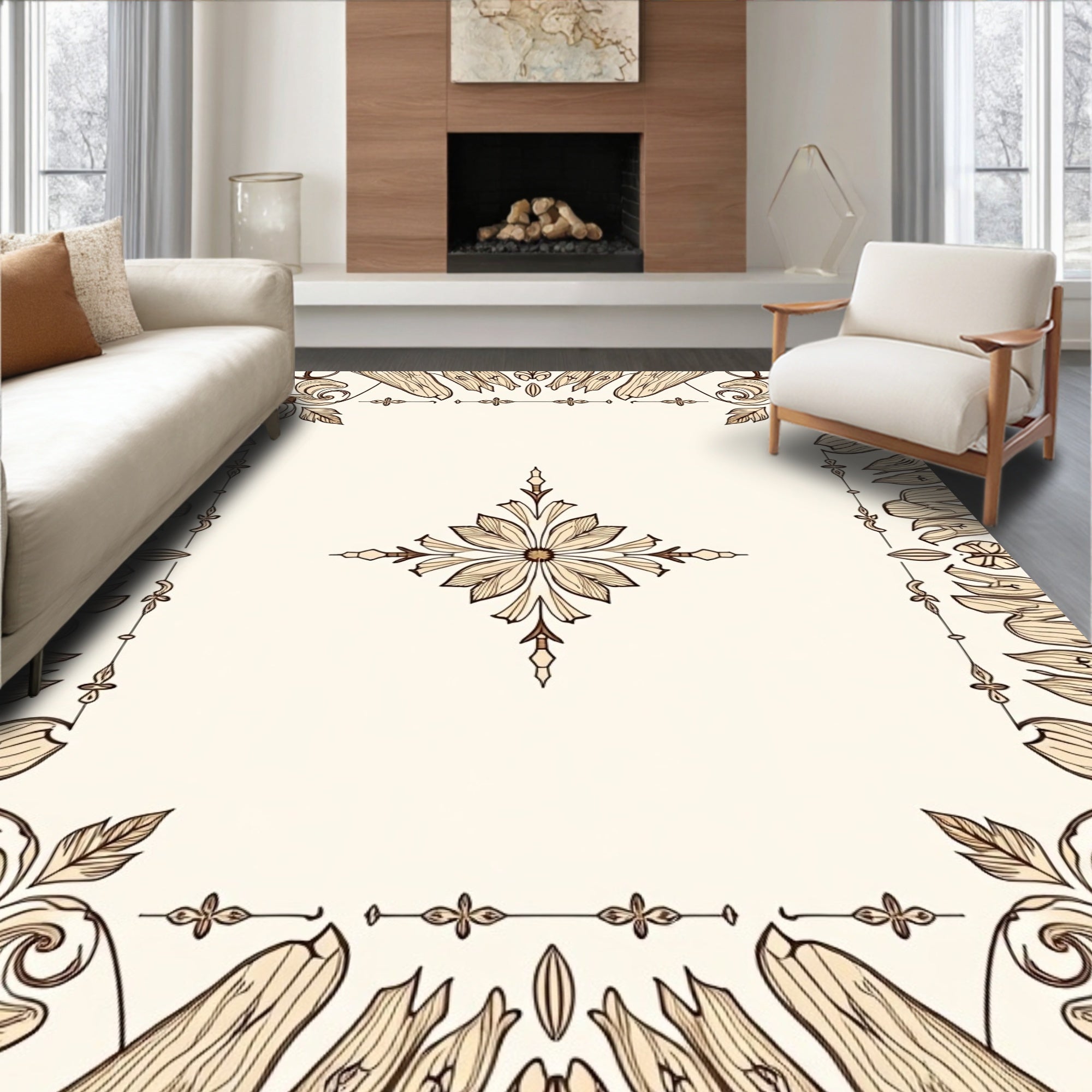 Elegant Floral Bordered Creamy Rug