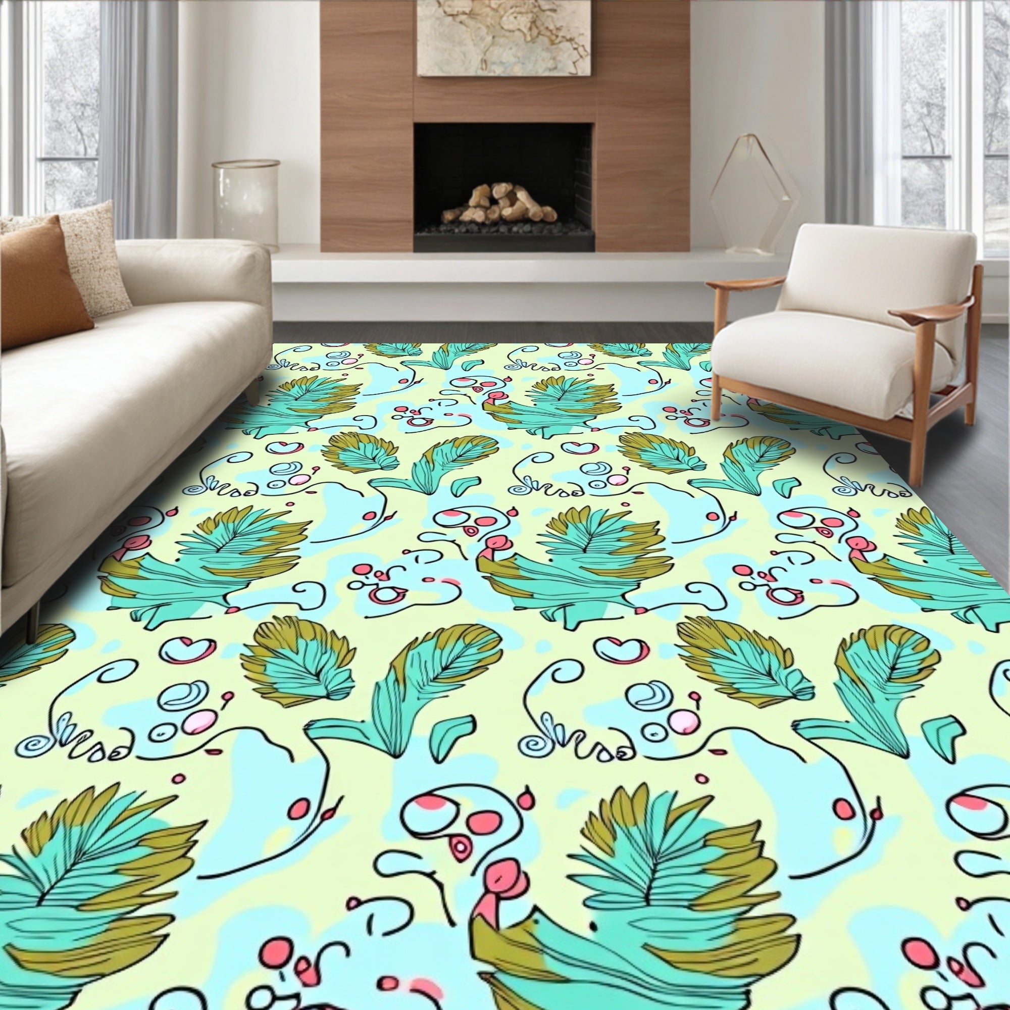 Whimsical Teal Leafy Abstract Design Rug
