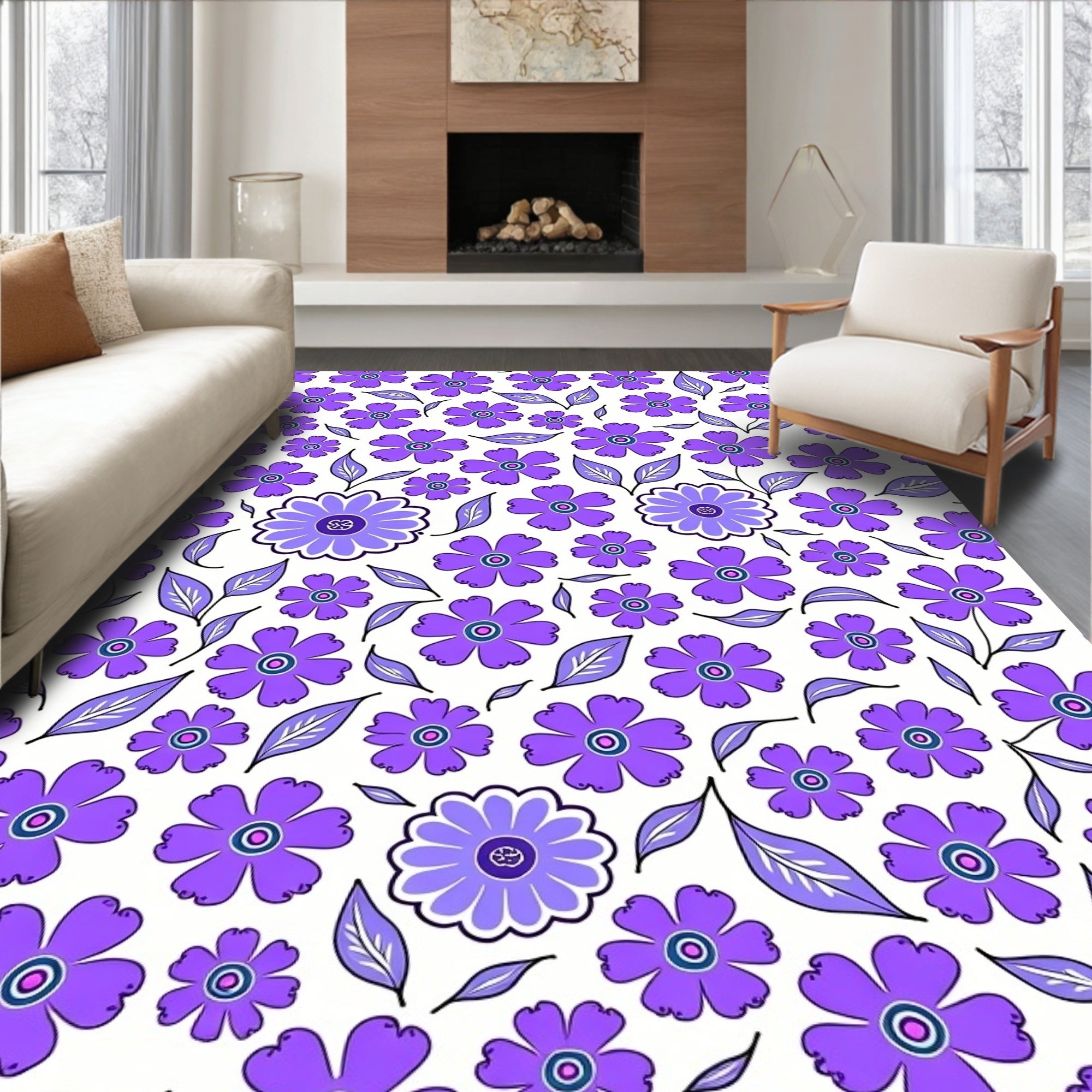 Purple Floral Whimsical Pattern Rug