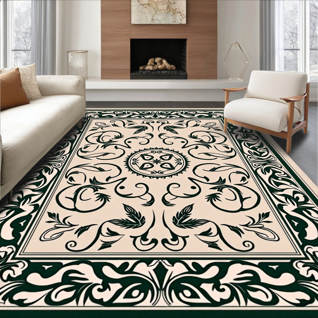 Intricate Floral Dark Green On Cream Rug